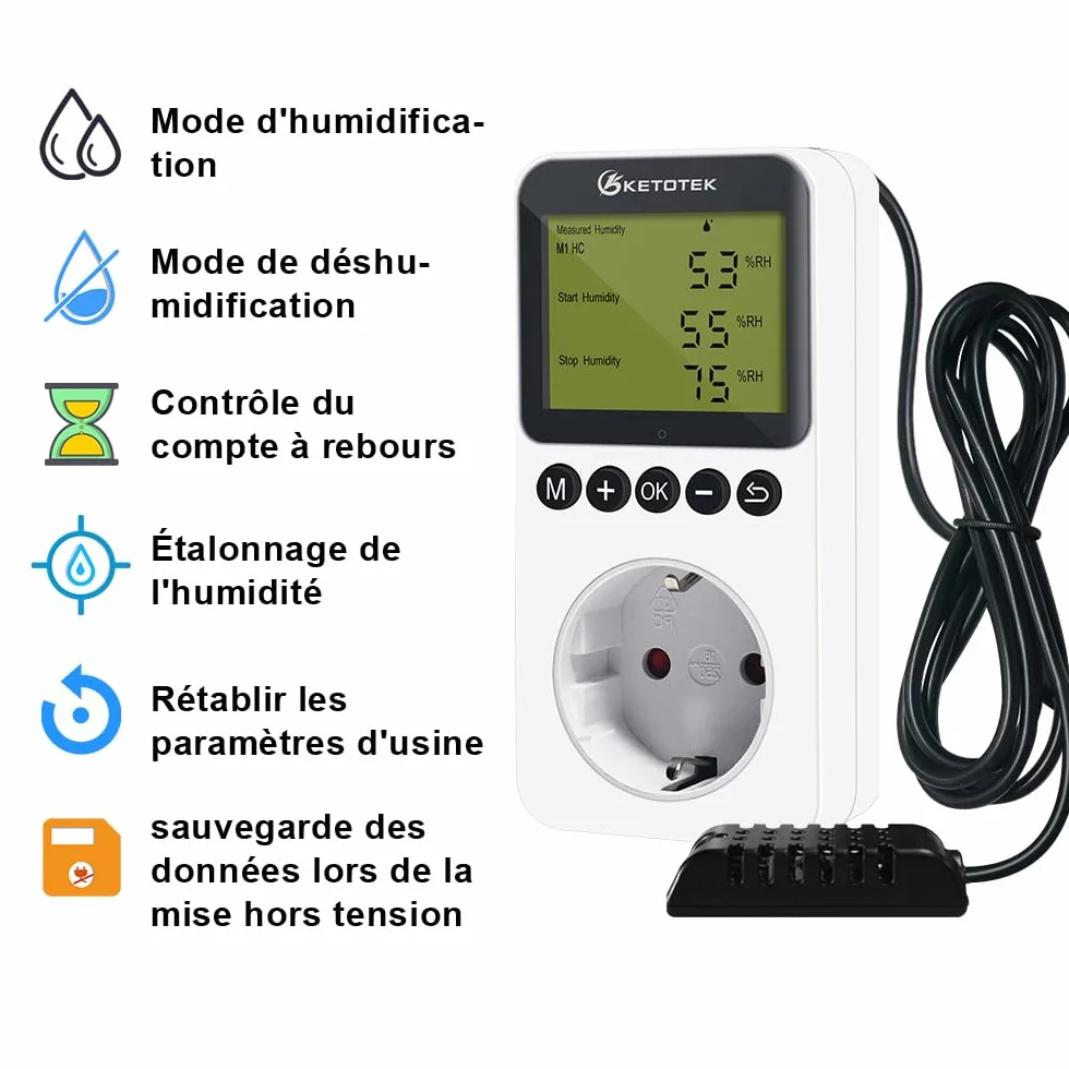 KETOTEK Prise Hygrostat Numérique avec Sonde, Contrôleur Humidité 220V pour Terrarium Reptile Couveuse Incubateur