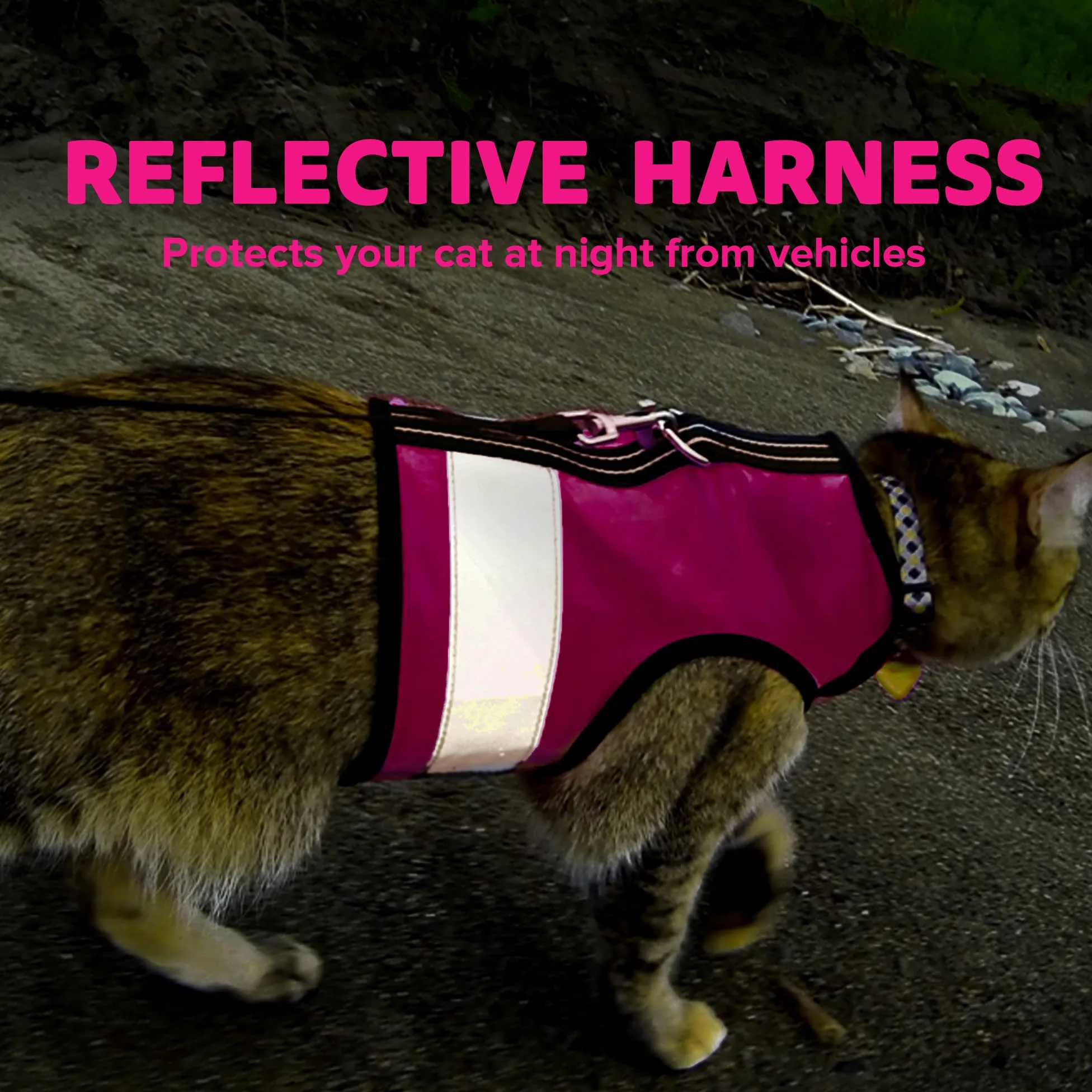 Kitty Holster Harnais réfléchissant pour chat, gilet haute visibilité de jour et de nuit pour la promenade et les voyages, coton respirant et lavable, M à L, rose (Flamingo Pink)