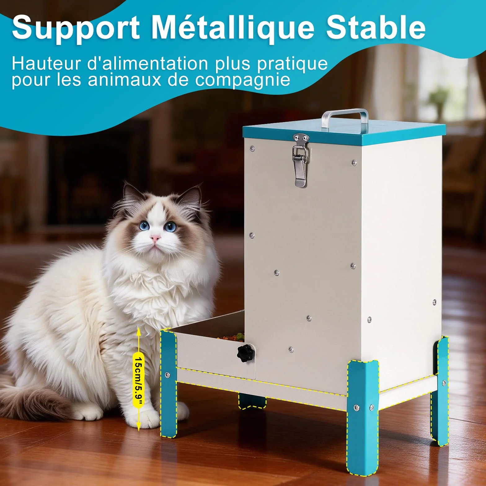 Distributeur Croquettes Chat Automatique 10L Gamelle Surélevée pour Chien Mangeoire Secs Métal Amovible