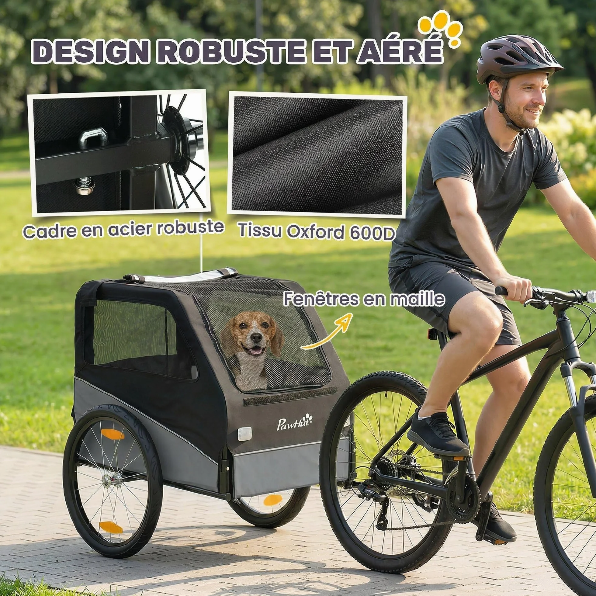 PawHut Remorque Vélo Chien avec Pneus 20" en Caoutchouc à Dégagement Rapide, Chariot pour Chien Moyen avec Attache Universelle, Réflecteurs, Drapeau, Laisse, Charge 20 kg, Gris et Noir