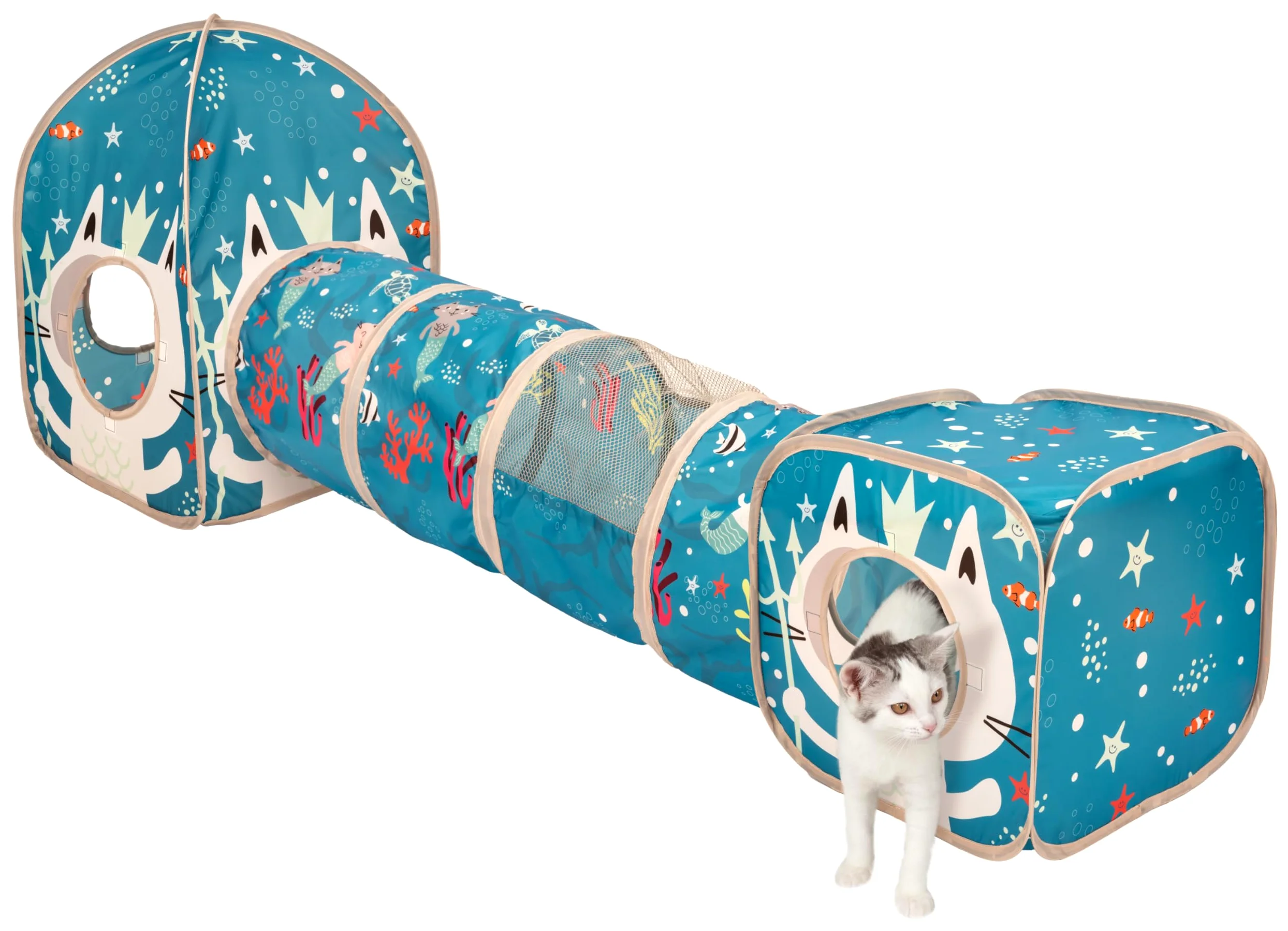 Kitty City Ensemble de meubles de jeu pour chat sur le thème de l'océan, jouets pliables pour chat avec cube, tunnel et maison, aire de jeu intérieure pour chat, pour jouer, se cacher et se détendre