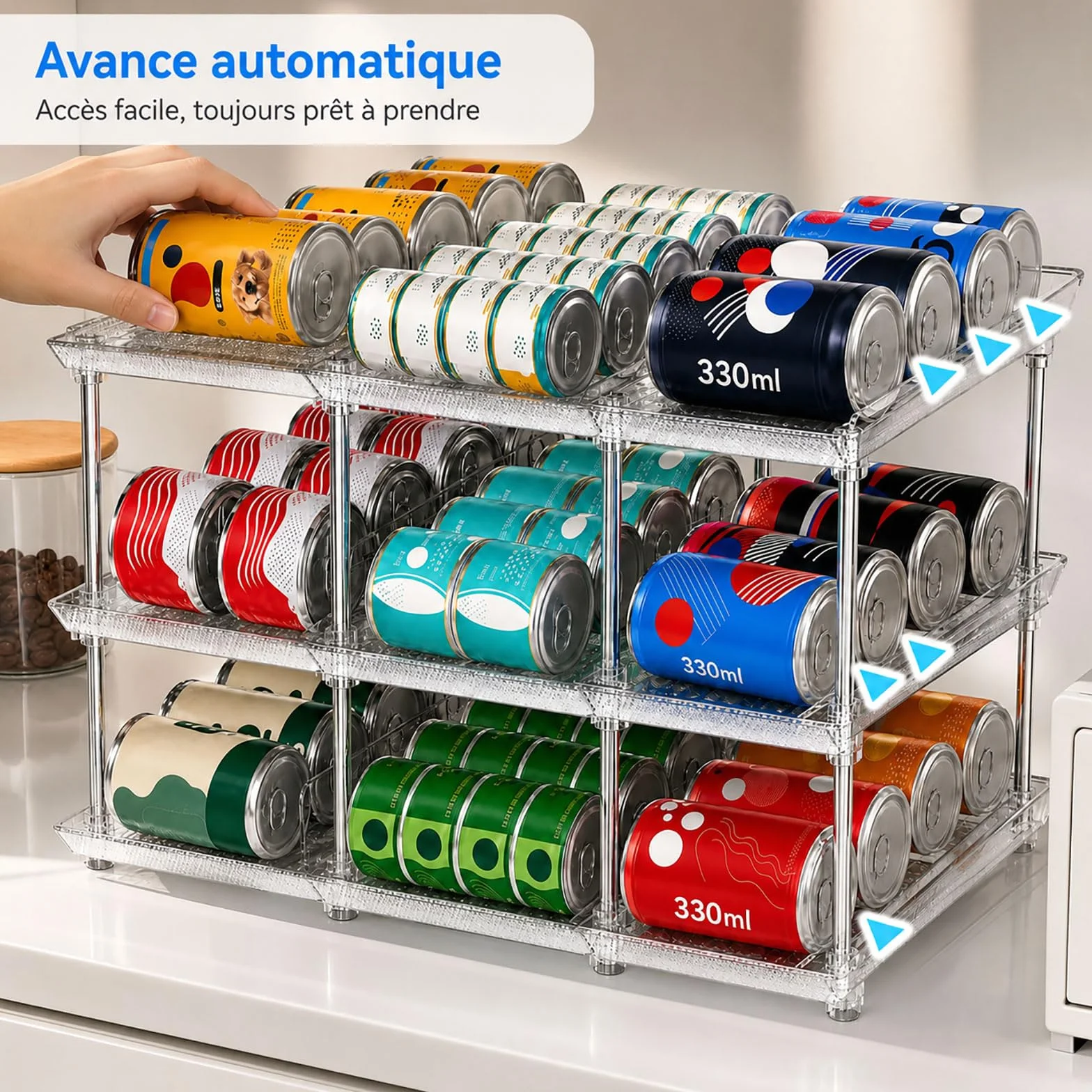 Organisateur de Canettes & Boîtes de Conserve pour Garde-Manger – Distributeur 3 Niveaux Empilable pour Placard Cuisine & Frigo – Rangement Ajustable pour Conserves, Sodas & Pâtée Chat