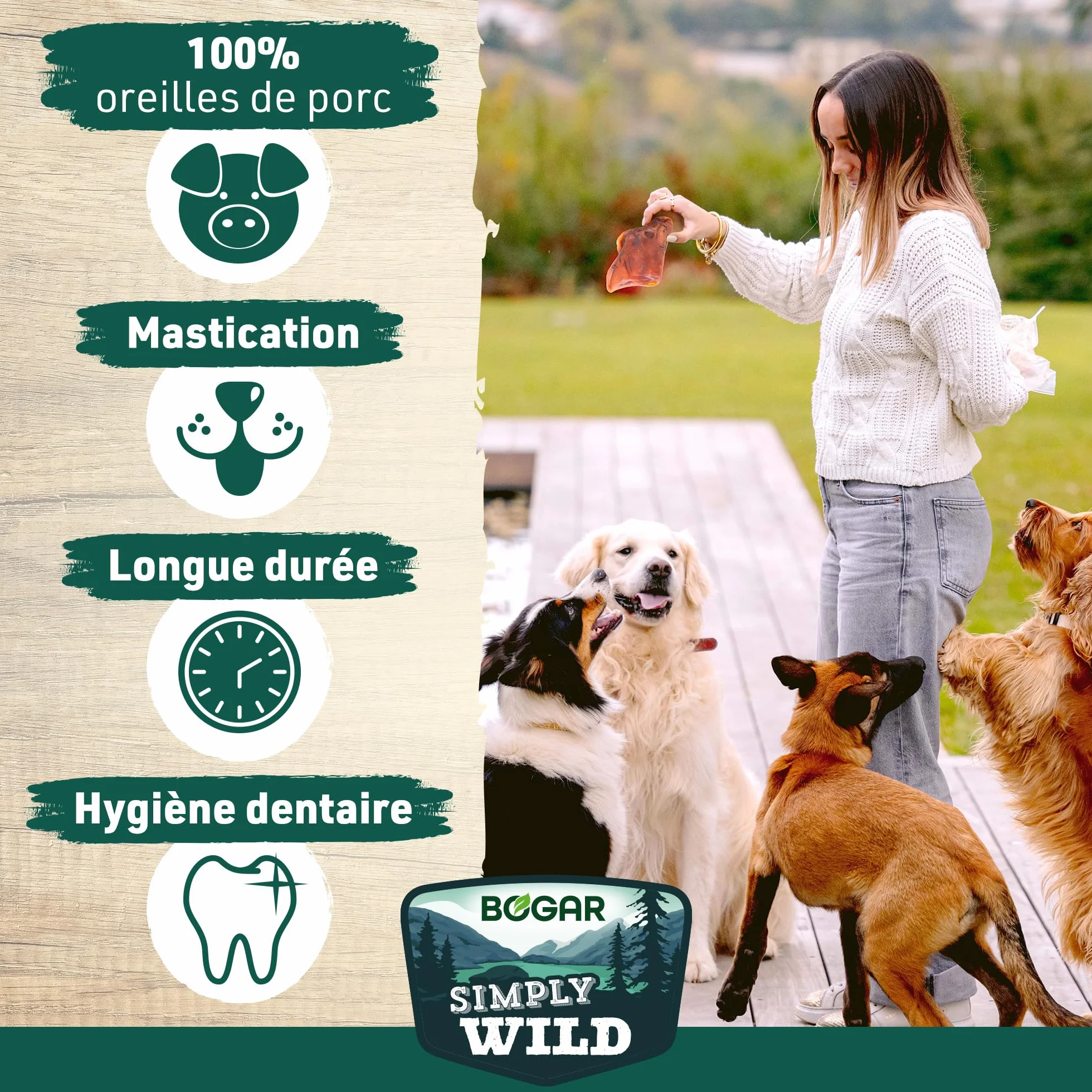 Bogar Simply Wild Friandises pour Chien Oreilles de Porc 100% Porc Séché 2x