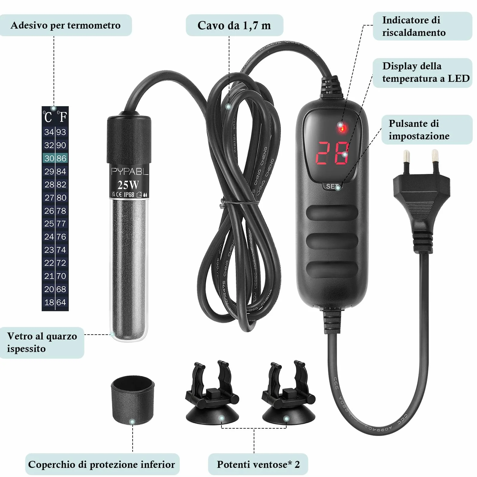 Mini Chauffage pour Aquarium, 25W 50W 100W Petit Chauffage Submersible pour Aquarium avec Contrôleur Externe pour Bassins à Poissons et Tortues de 3 à 100L (25W pour 3 à 20L)