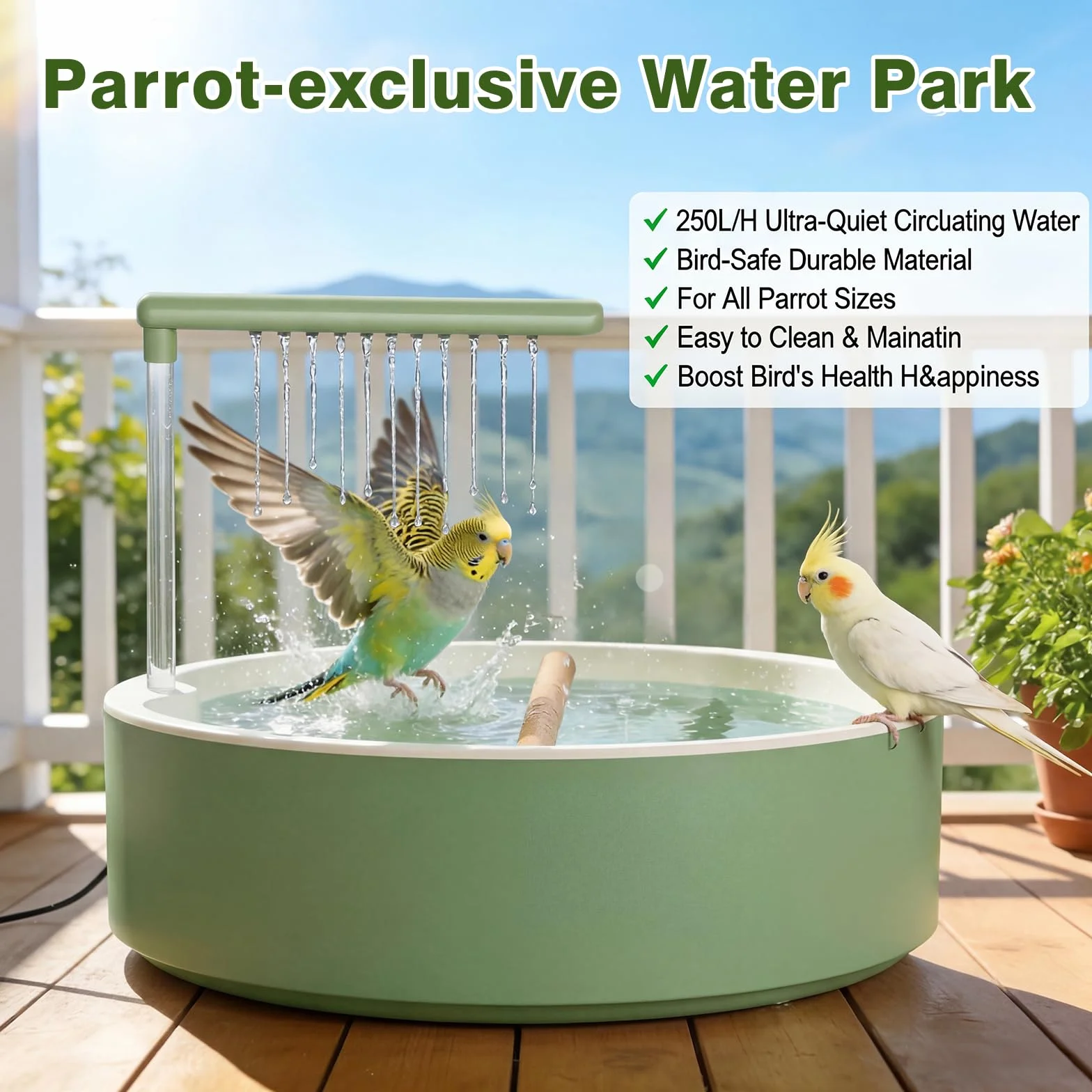 Bain d'oiseaux Automatique avec Eau en Circulation pour Perroquets Perruches Aras