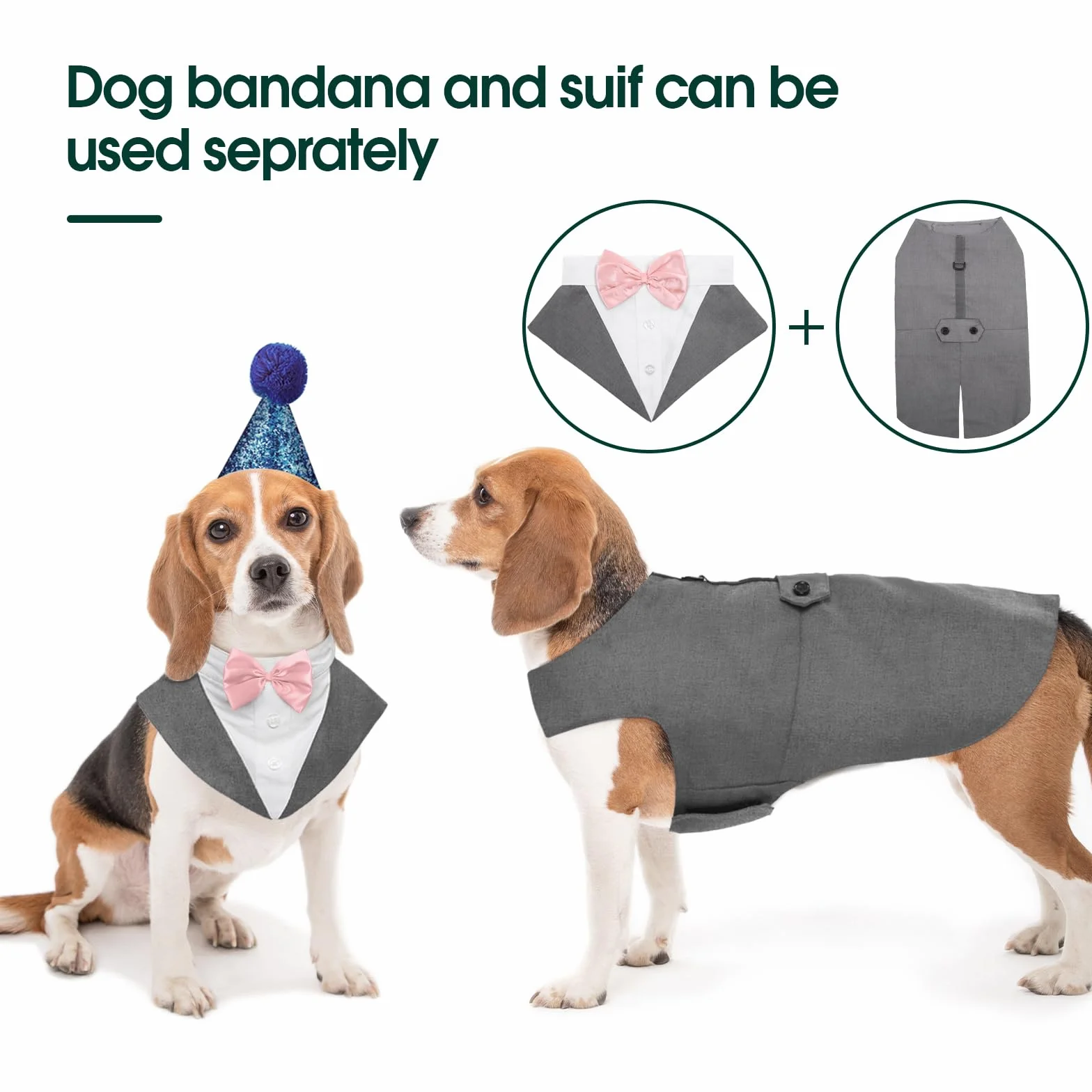 Kuoser Costume Smoking Chien Petite Moyenne Taille, Chemise Chiot Nœud Papillon Rose Amovible, Tenue Formelle Mariage