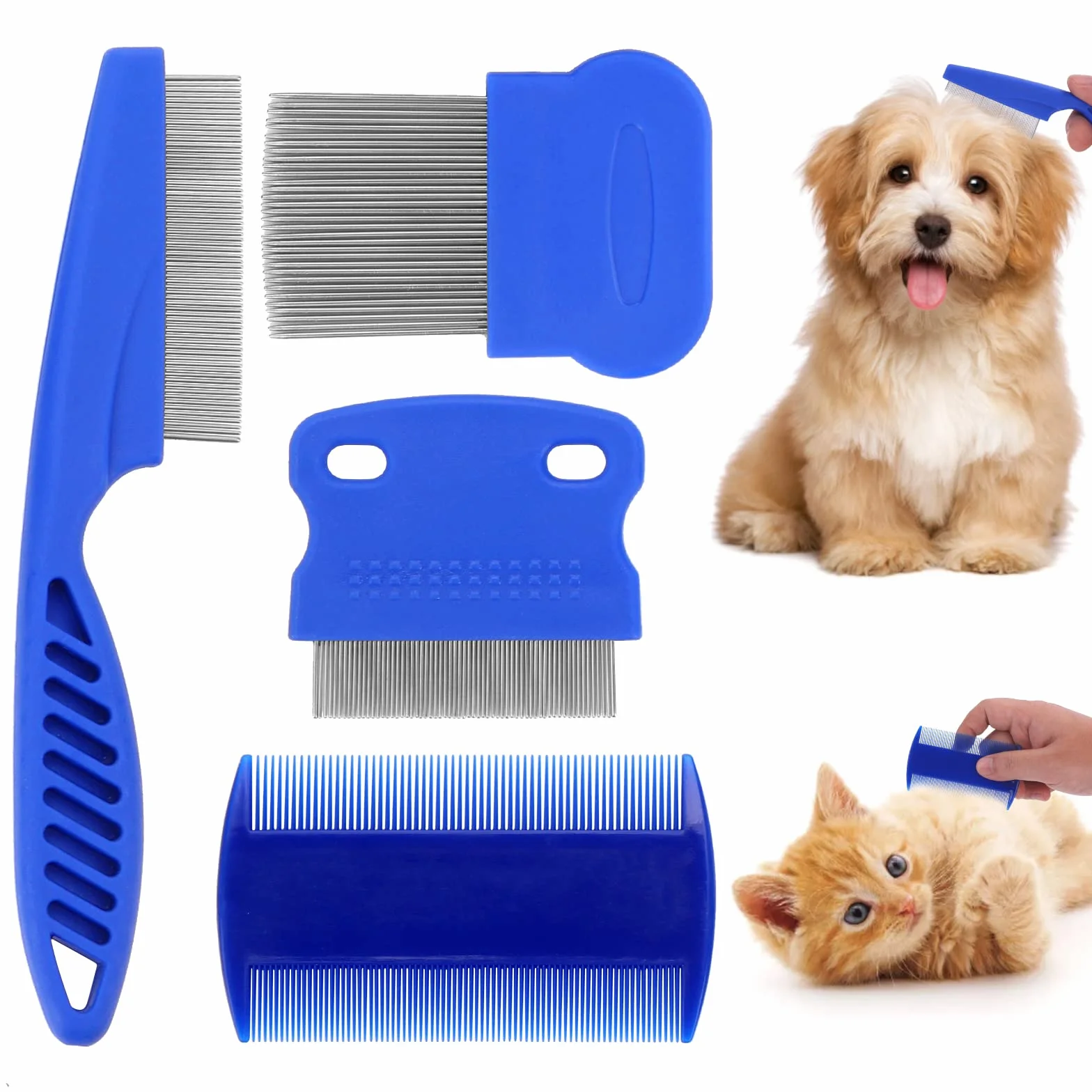 Cobee Peigne anti puces pour chien Peigne de toilettage Outil de retrait dents fines (4 pièces)