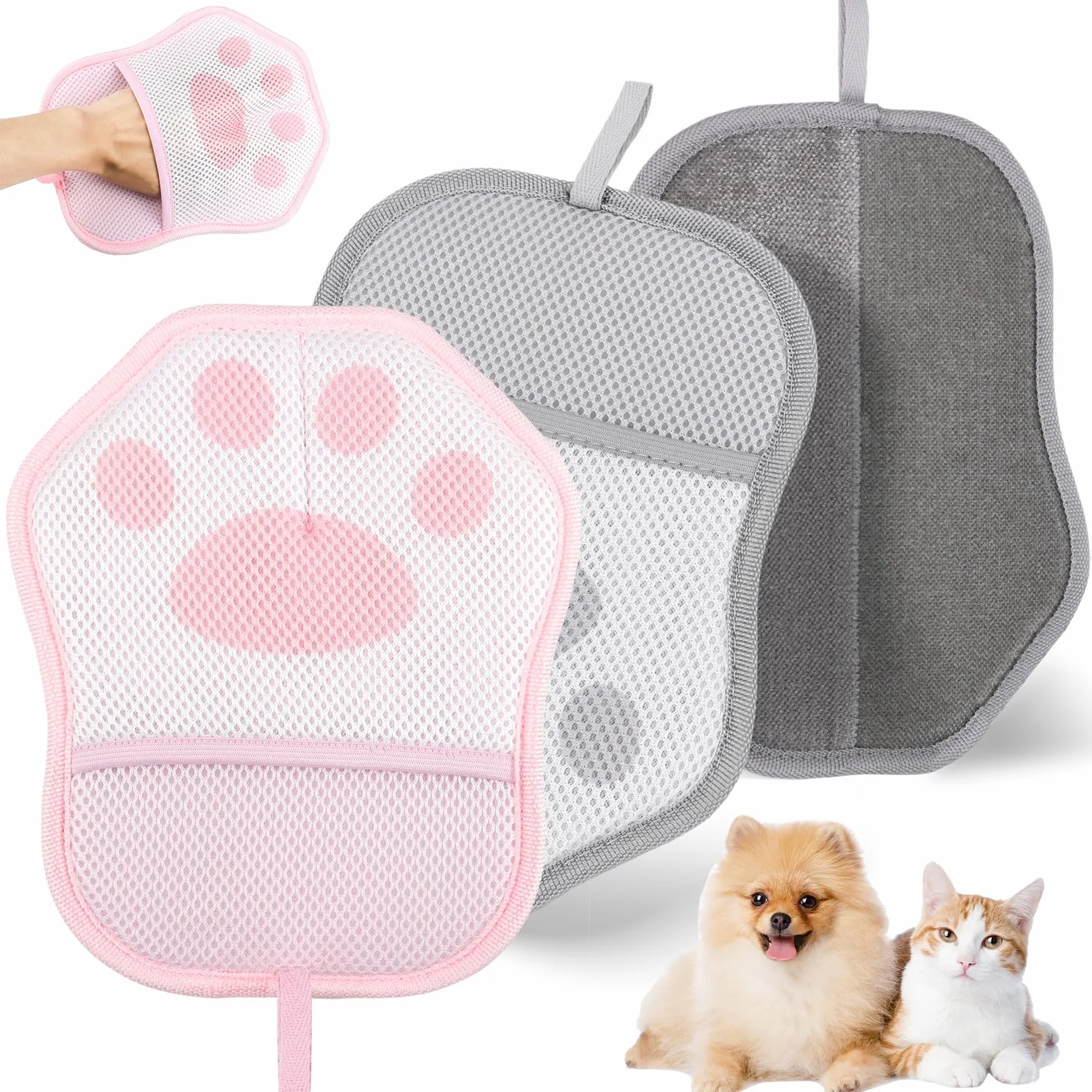 Gant Ramasse Poils Animaux Double Face Anti Poil Chat Chien Réutilisable Brosse Électrostatique Canapé Vêtements Rose Gris