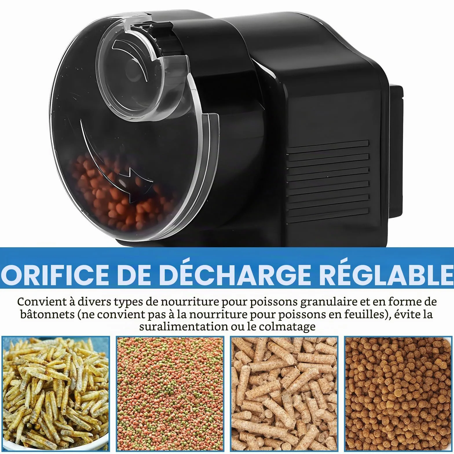 Distributeur automatique de nourriture pour poissons 60 ml pour granulés et bandes