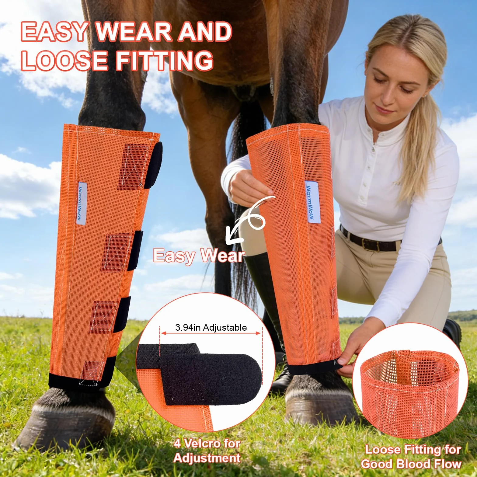 Bottes anti-mouches pour chevaux Lot de 4 - Maille ample réglable - Orange