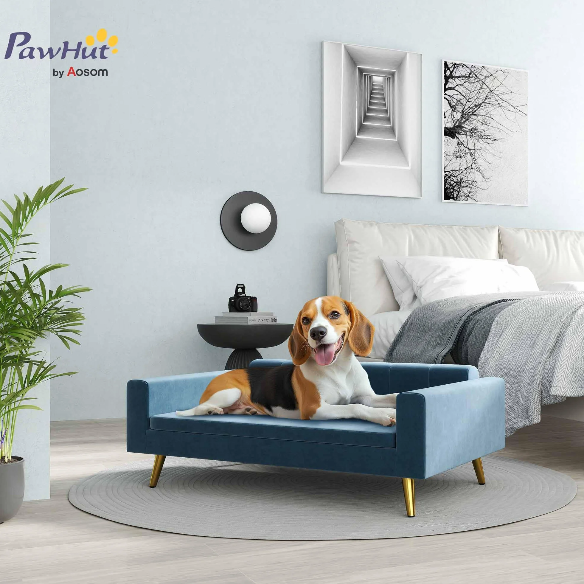 PawHut Canapé Chien 94 x 59,5 x 31,5 cm Bleu Velours Soyeux Pieds Acier Inoxydable