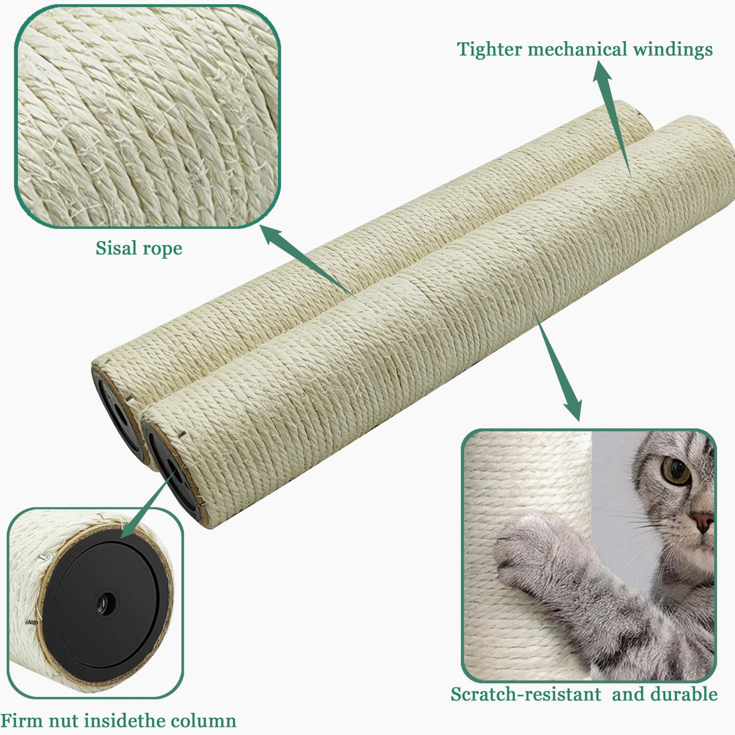 Lot de 2 poteaux de Rechange pour Arbre à Chat de 30 cm, en sisal Naturel avec vis M8, griffoir de Rechange pour Chat (30 cm)