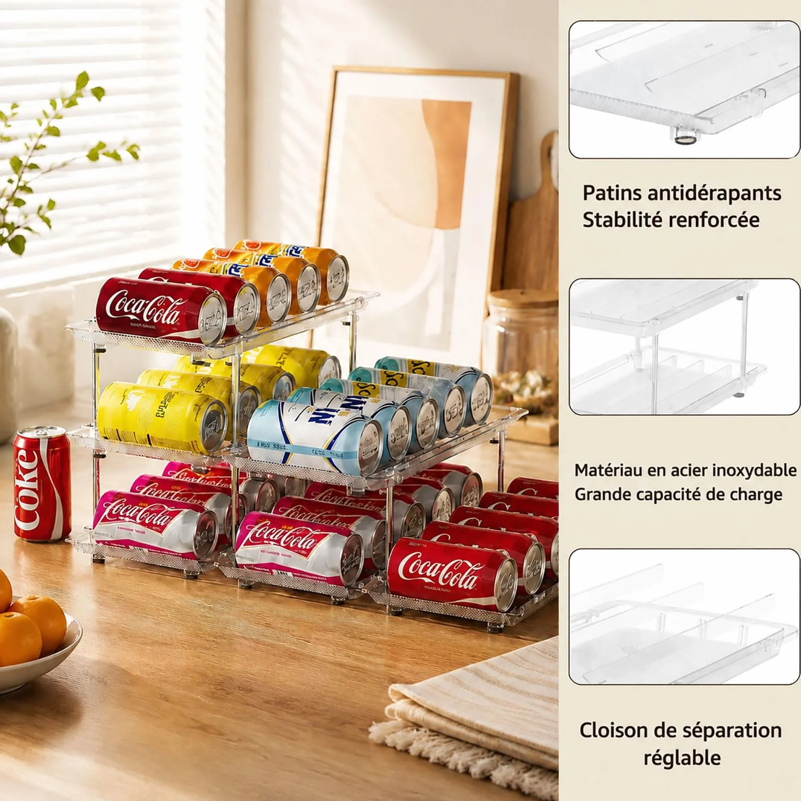Organisateur de Canettes & Boîtes de Conserve pour Garde-Manger – Distributeur 3 Niveaux Empilable pour Placard Cuisine & Frigo – Rangement Ajustable pour Conserves, Sodas & Pâtée Chat
