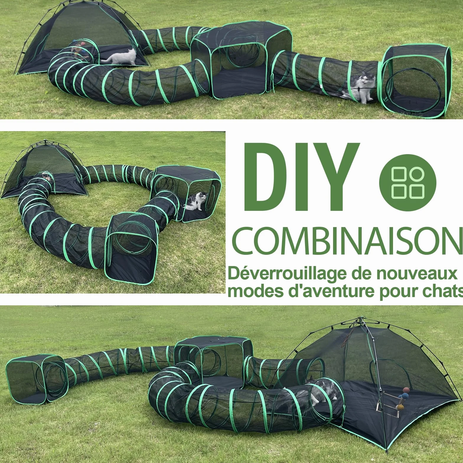 Pawtenda Aire de Jeu pour Chat 6 en 1 pour l'extérieur, enclos Portable avec 3 tentes et 3 Tunnels
