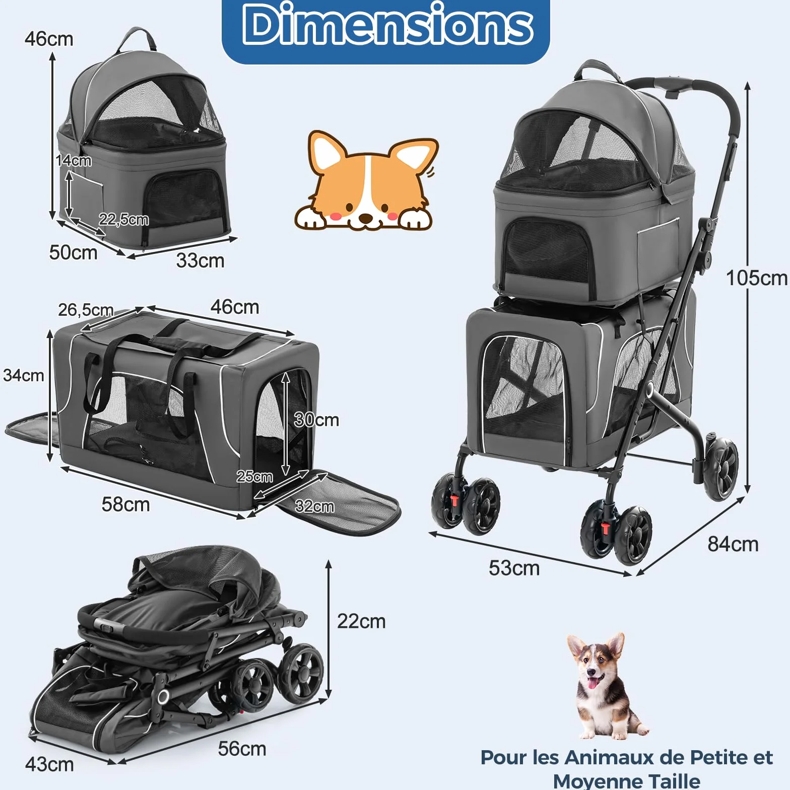 Poussette Chien Chat 2 Couches Détachable 3-en-1 GYMAX Transporteur Siège Auto Auvent Réglable Cadre Métal Pliable Gris