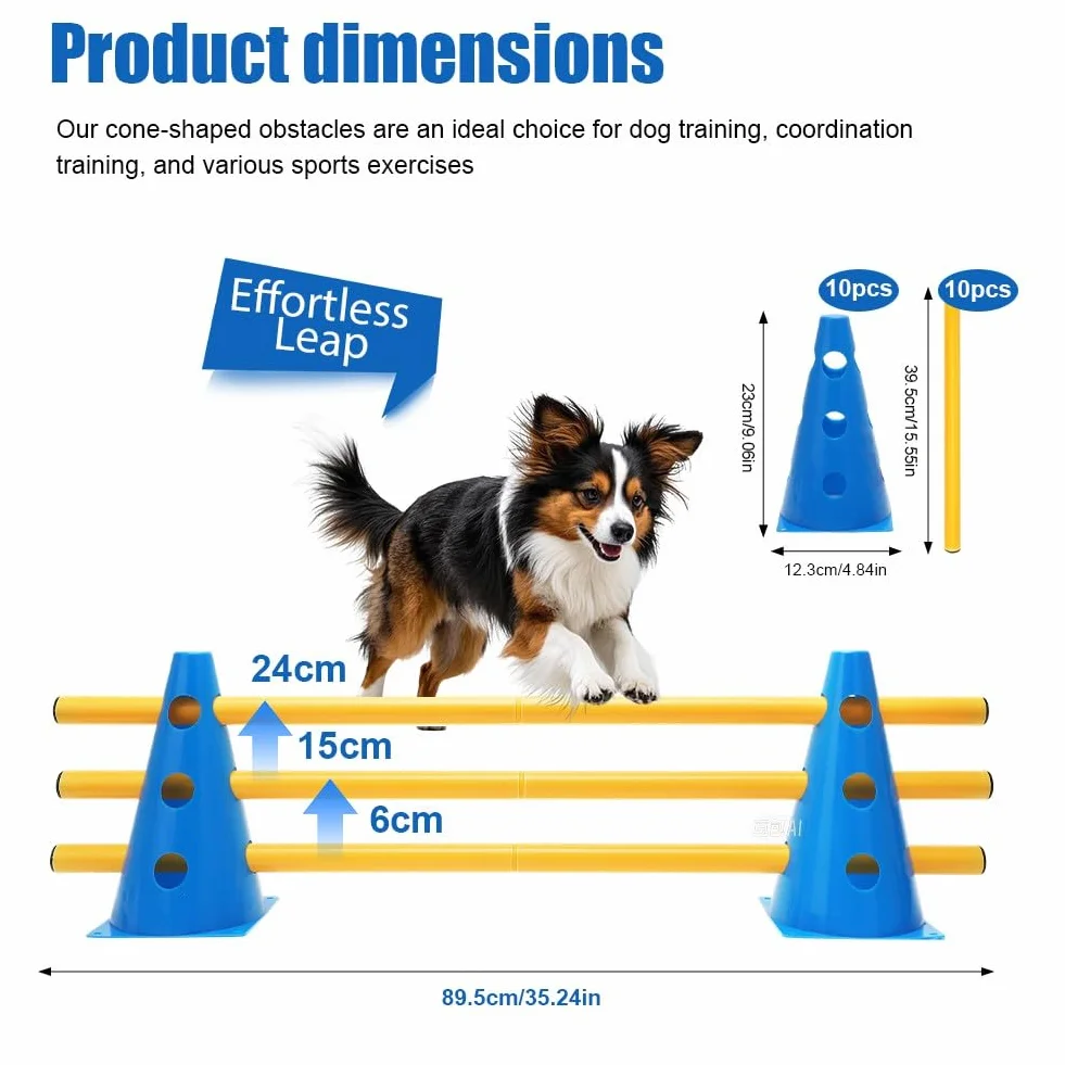 LOMUG Agility Lot de 5 obstacles d'agilité pour chien, kit avec barre 80 cm et 10 cônes