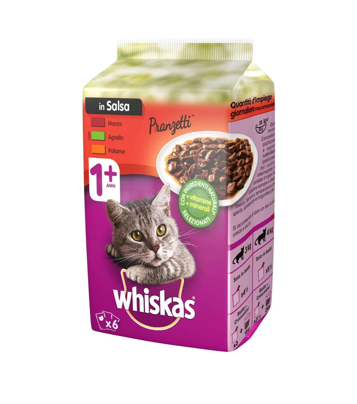 Whiskas Pranzetti in Salsa 1 Ans 6 x 50 g, Nourriture pour Chat avec bœuf, Agneau et Poulet - 12 Paquets (72 pièces au Total)
