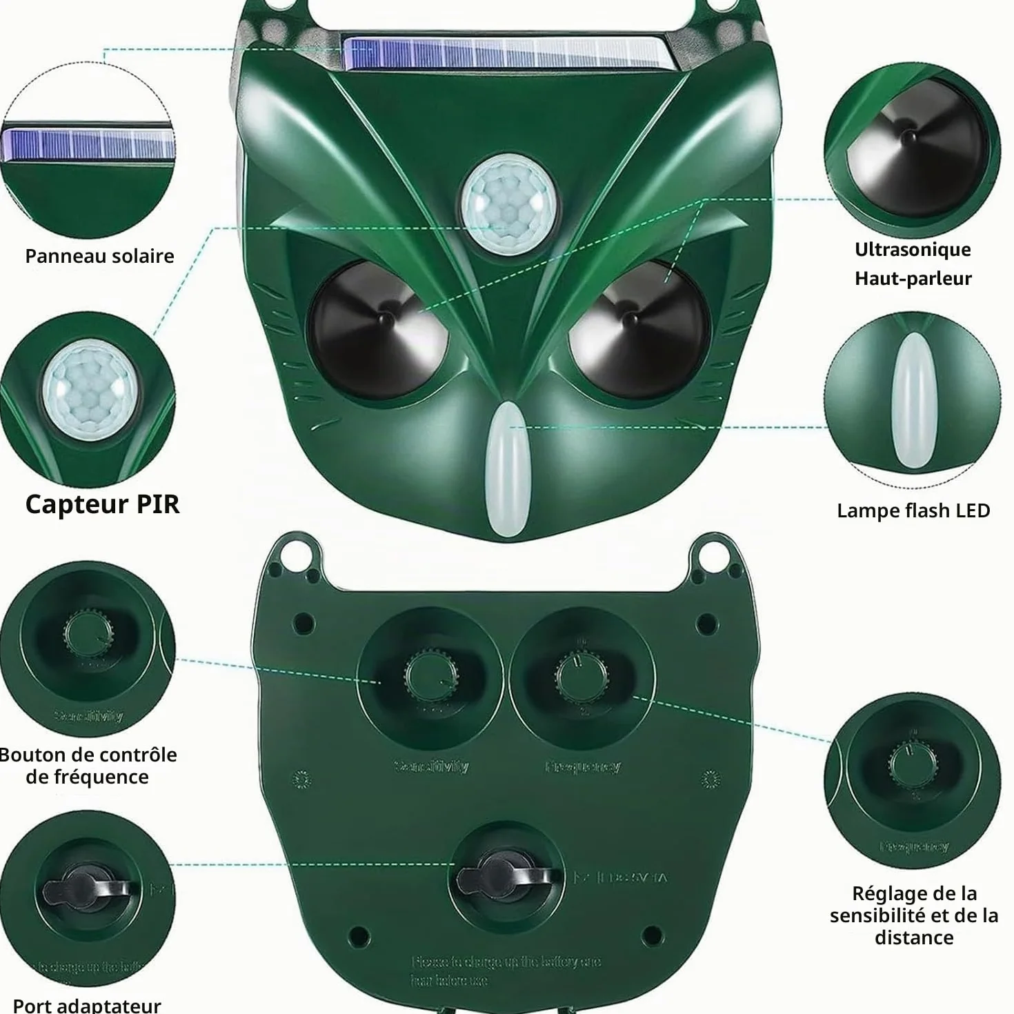 Répulsif à ultrasons pour chat, 5 modes, solaire et rechargeable, dissuasif pour cerf, chien, lapin, mouffette, oiseau pour jardin extérieur (RC546)