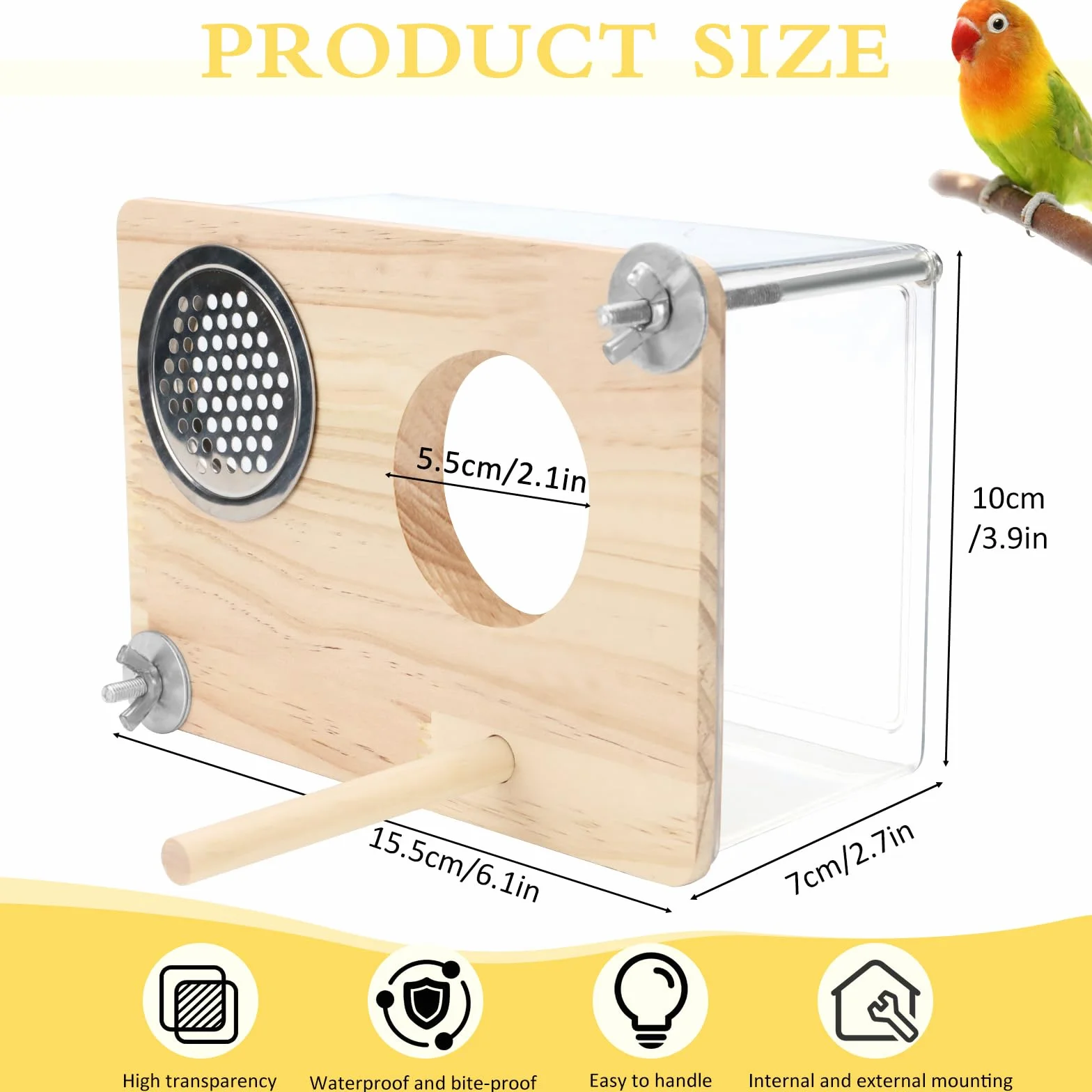Nichoir pour cage à perruches en PET transparent - Accessoire pour canaris, inséparables, perroquets - Avec perchoir en bois (taille S)