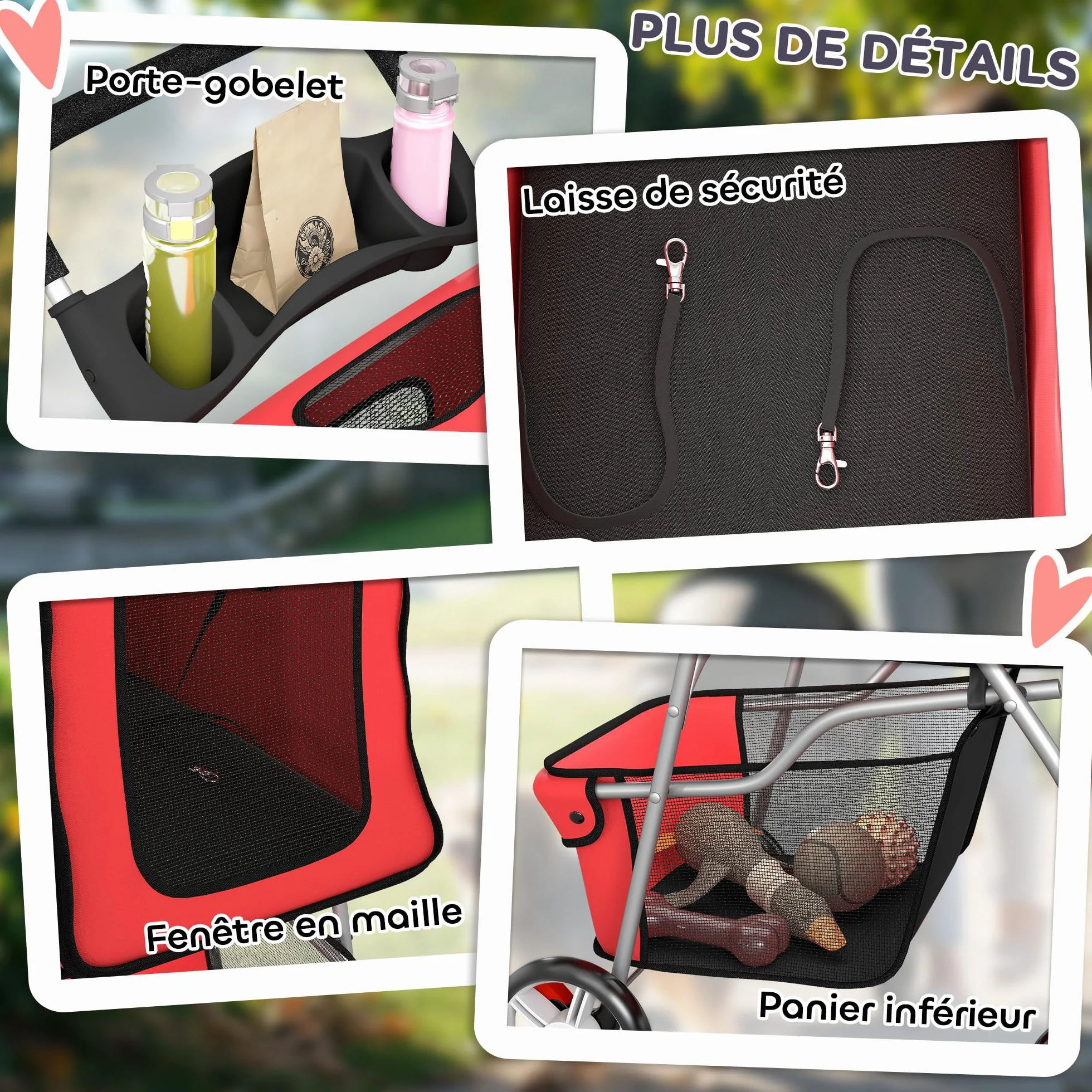 Poussette Buggy Pliable Animaux pour Chien et Chat, Imperméable avec Toit Amovible, 600D Oxford, Acier, Rouge