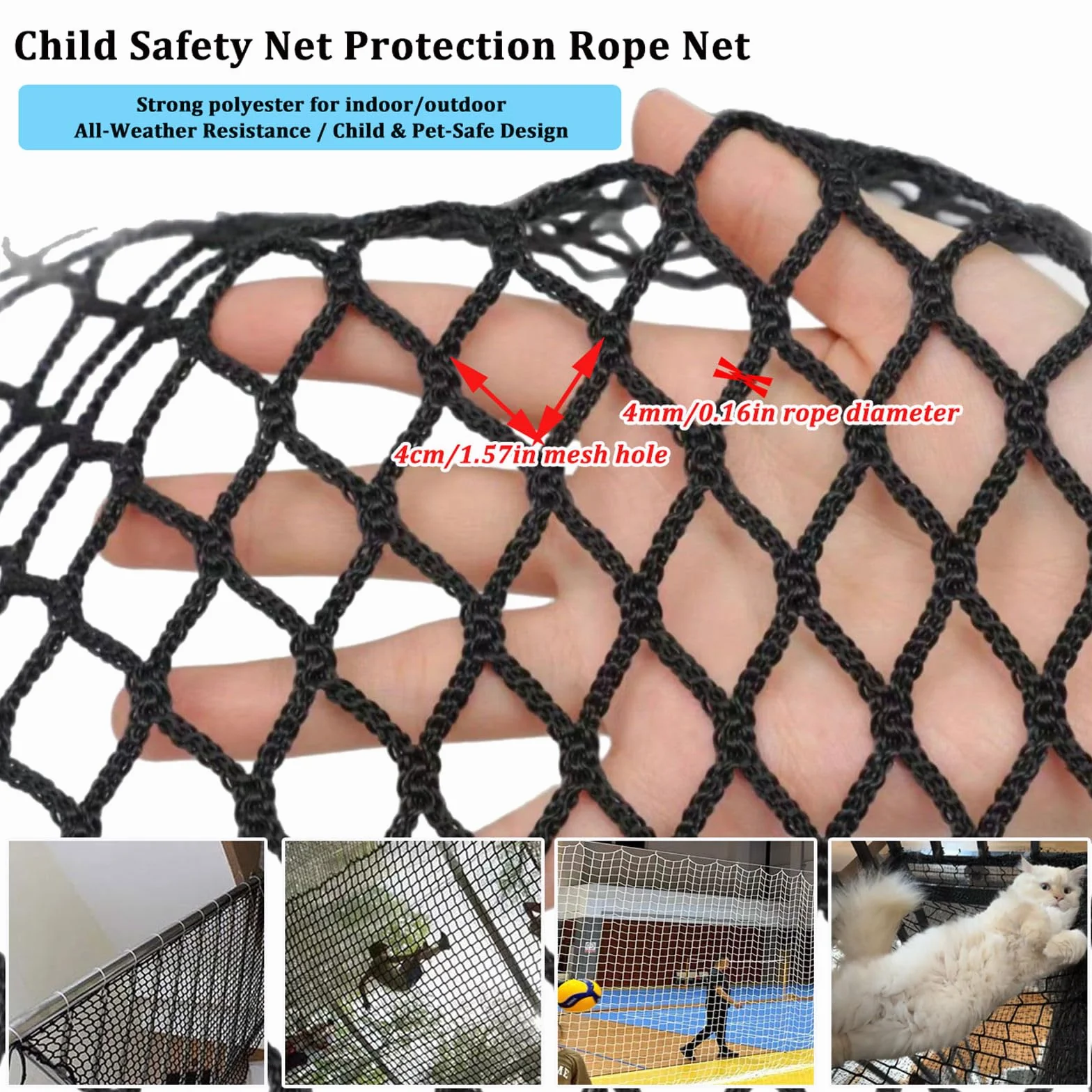 Filet de Protection pour Enfant Chat, Filet de Sécurité Anti Chute sans Nœuds en Polyester pour Escaliers Balcon Clôtures 1x3m Noir