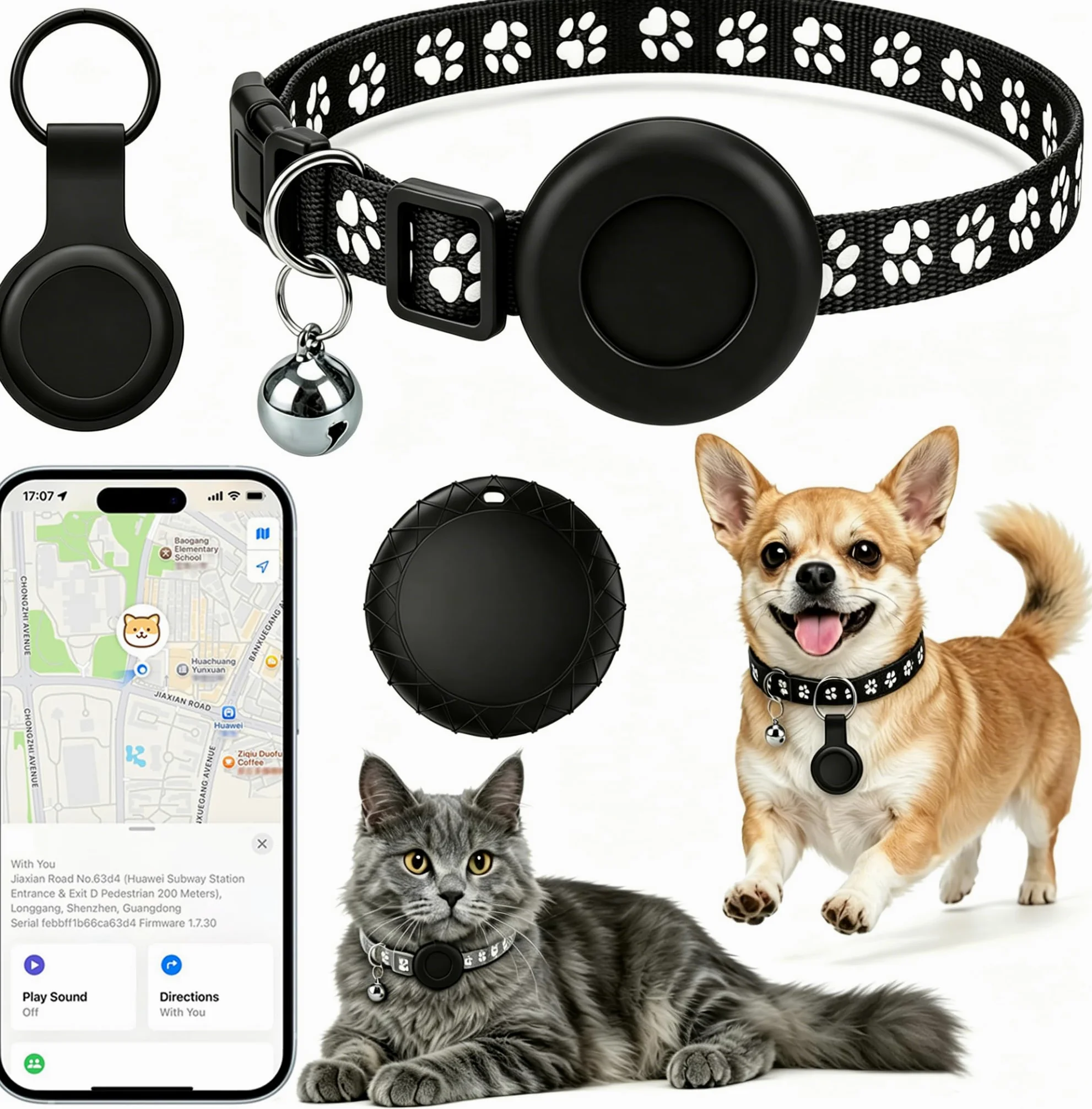 Traqueur GPS pour chiens et chats (pas d'abonnement requis), traqueur GPS pour colliers d'animaux de compagnie, certifié Apple MFi, fonctionne avec iOS Find My, suivi mondial en temps réel, étanche