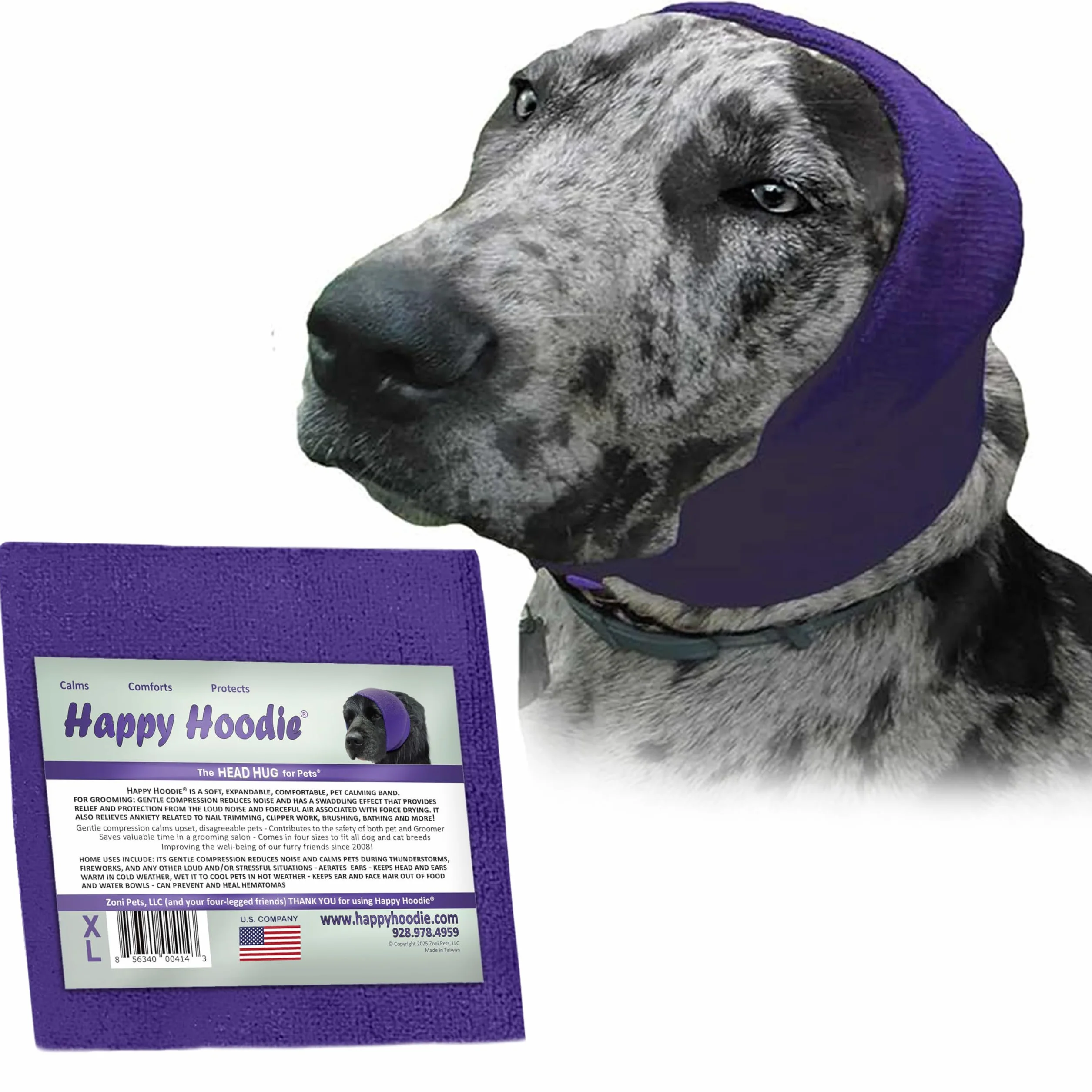 Happy Hoodie Le Bandeau apaisant Originale pour Chien et Chat, soulagement de l'anxiété Protection Contre Le Bruit Tonnerre Feux d’Artifice toilettage Taille XL Pourpre