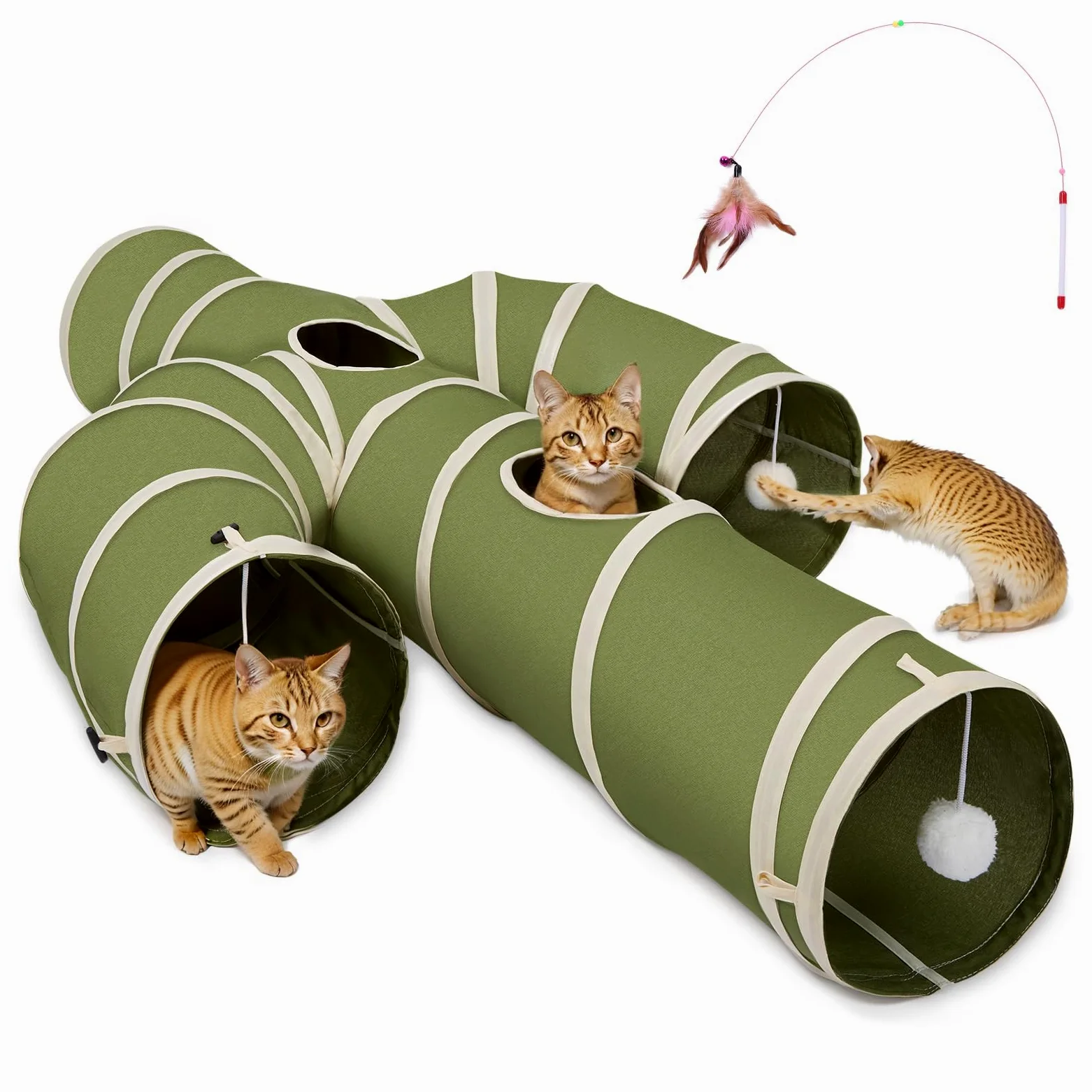 Ownpets Tunnel pour chat - Grand cactus - 4 voies - Avec tissu Oxford robuste - Pliable et indéchirable - Diamètre : 25 cm - Vert