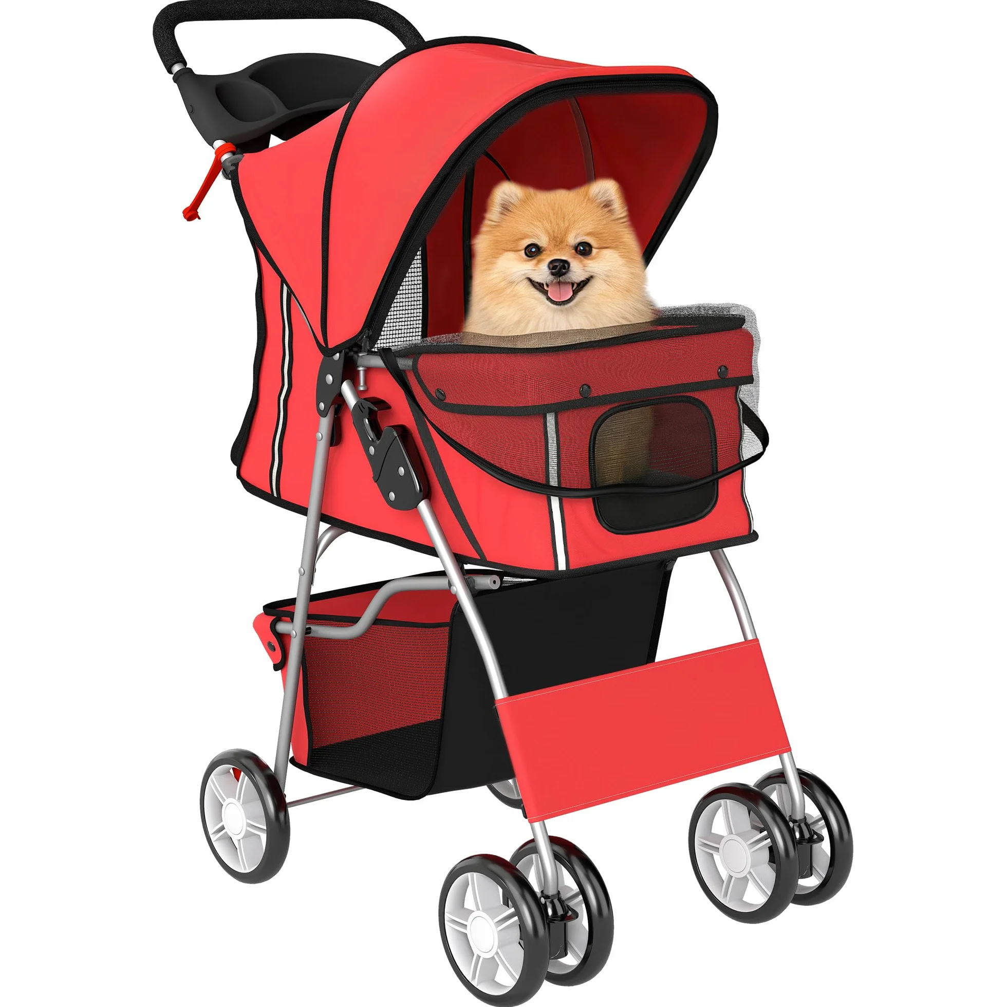 Poussette Buggy Pliable Animaux pour Chien et Chat, Imperméable avec Toit Amovible, 600D Oxford, Acier, Rouge