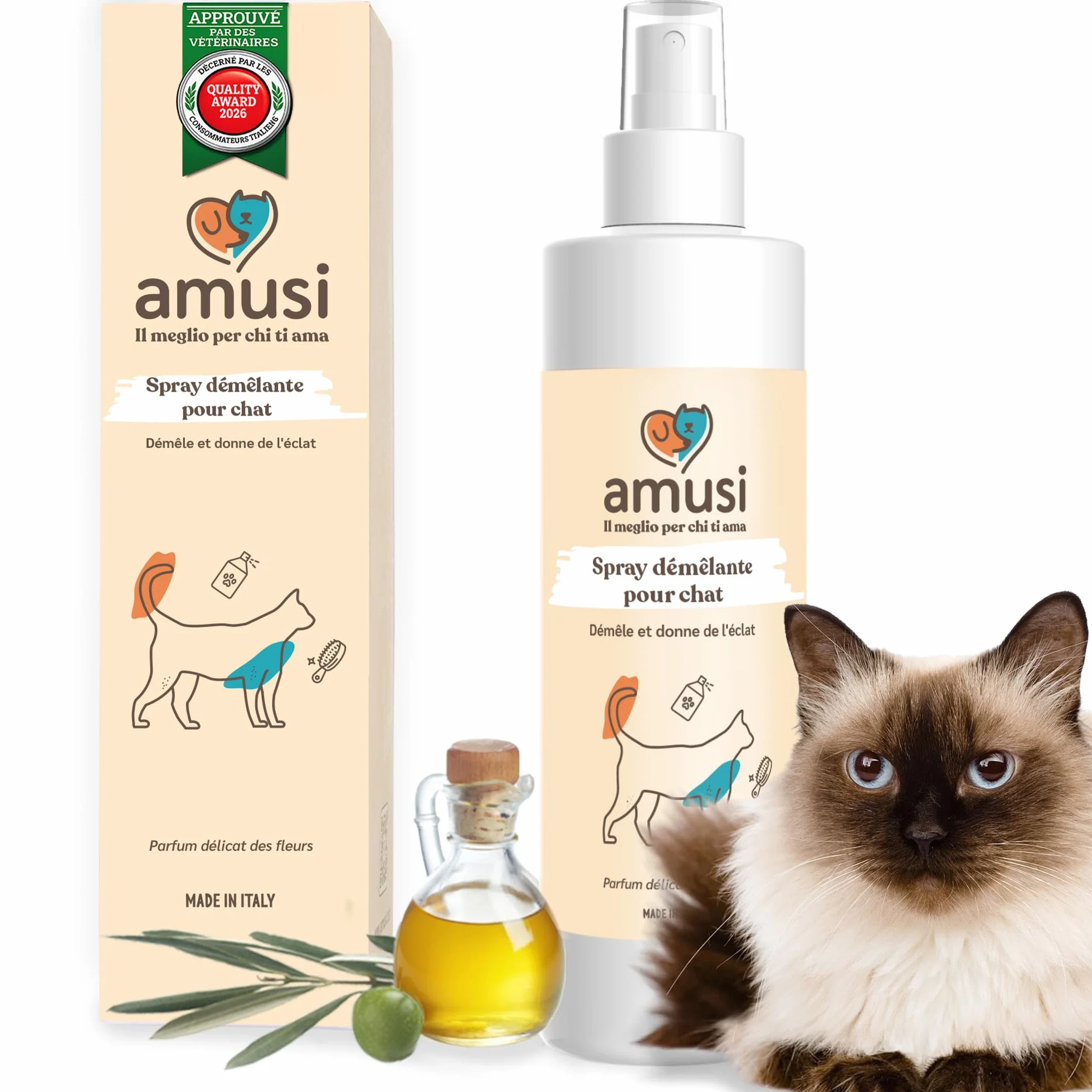 Amusi Spray Démêlant pour Chat 250 ml – Démêlant Poils Longs sans Rinçage, Naturel & Végétalien – Pelage Doux et Brillant – Fabriqué en Italie