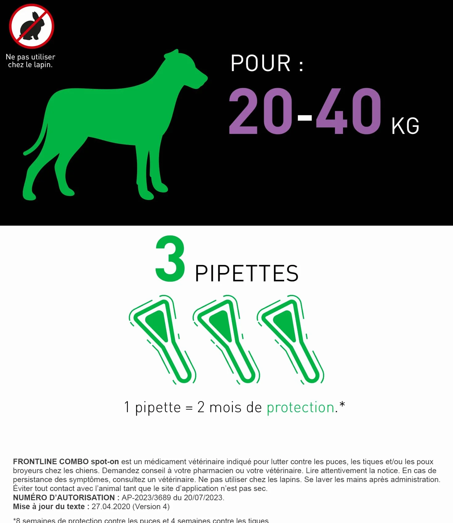 FRONTLINE Combo Chien Anti Puces Tiques Poux 3 Pipettes Spot-On 20-40 kg