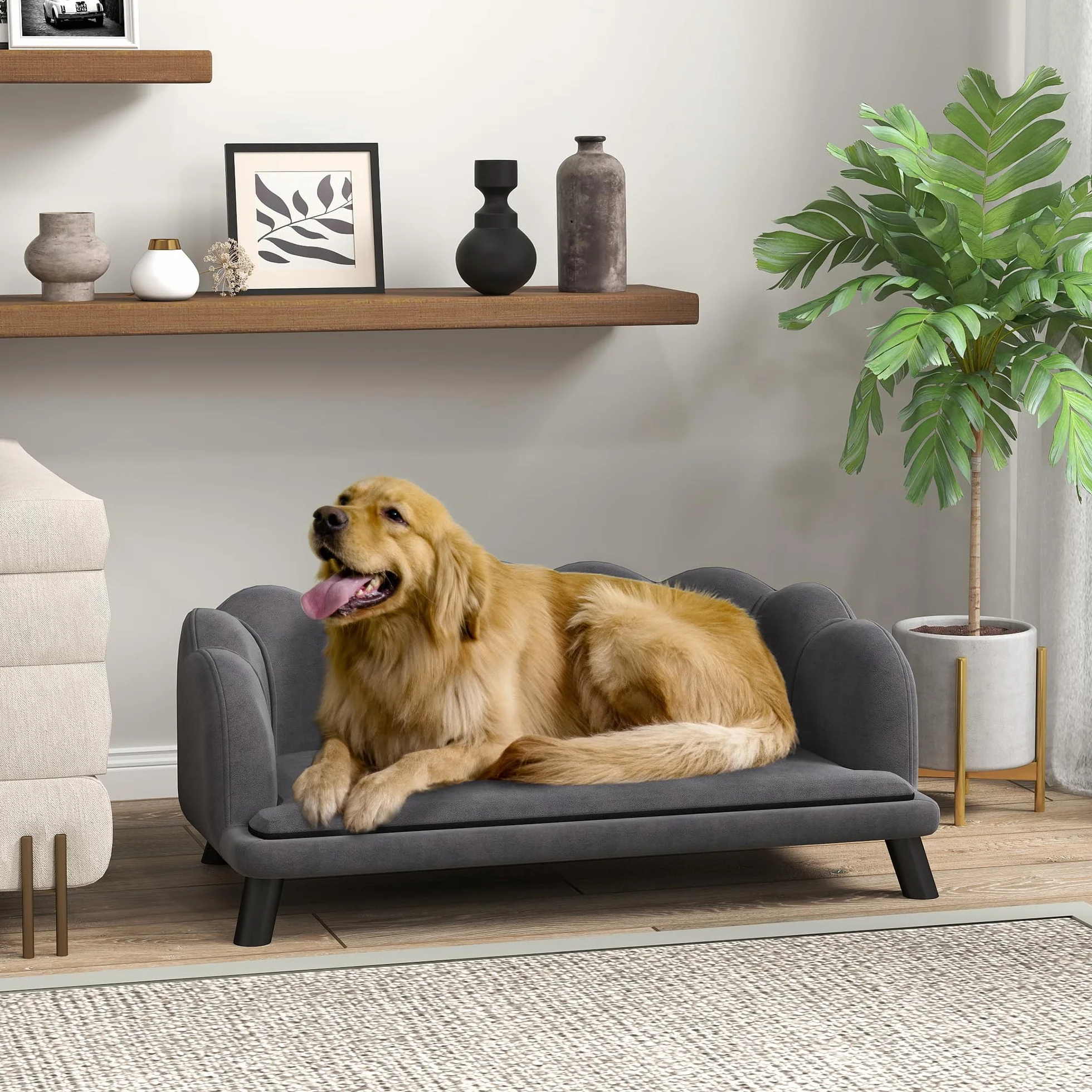 PawHut Canapé Chien lit Velours Gris 98L x 60l x 35H cm
