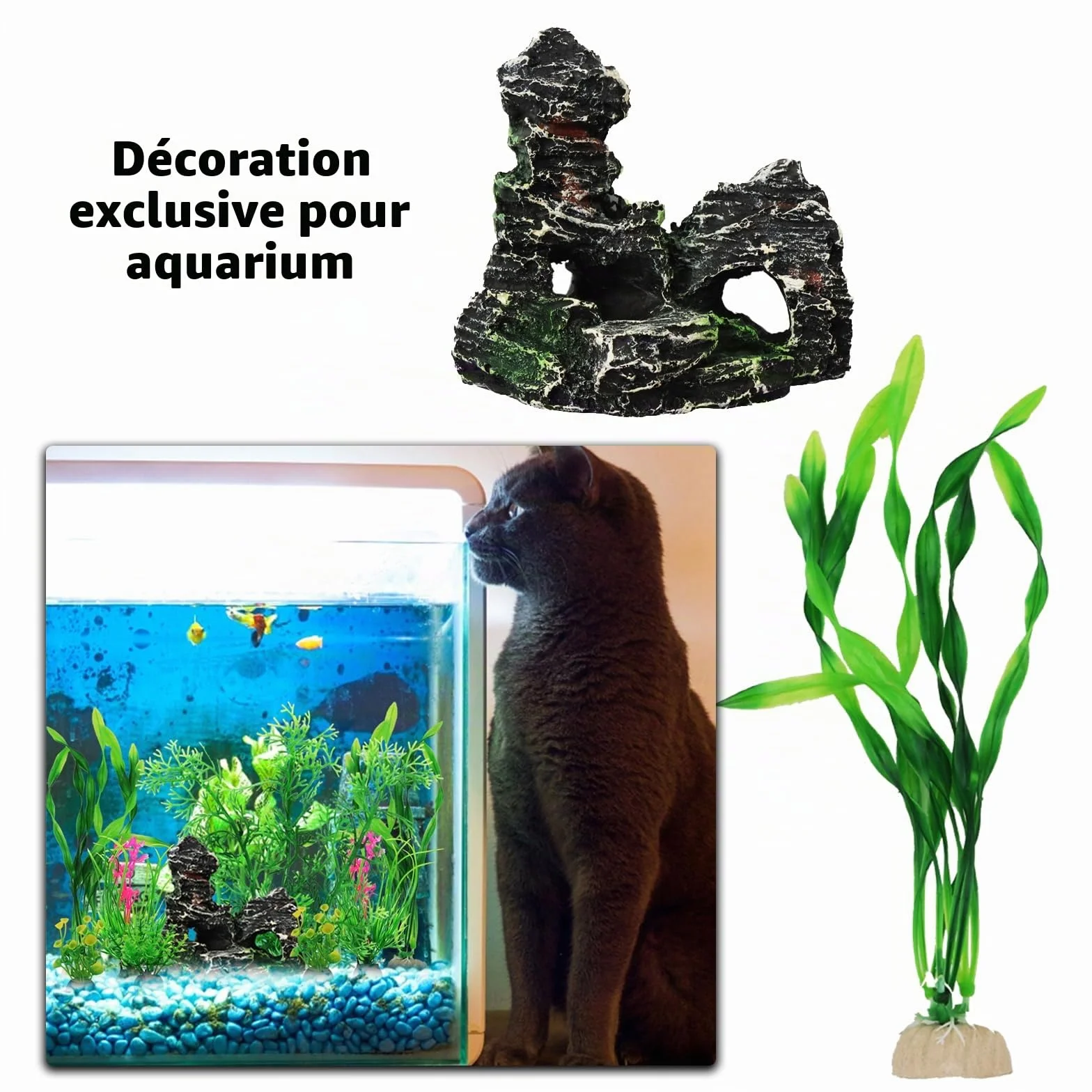QUOZUO Vert Plantes Artificielle Aquarium Decoration Rocher Polyrésine Grotte Ornement Cachette Poissons 9 Pièces