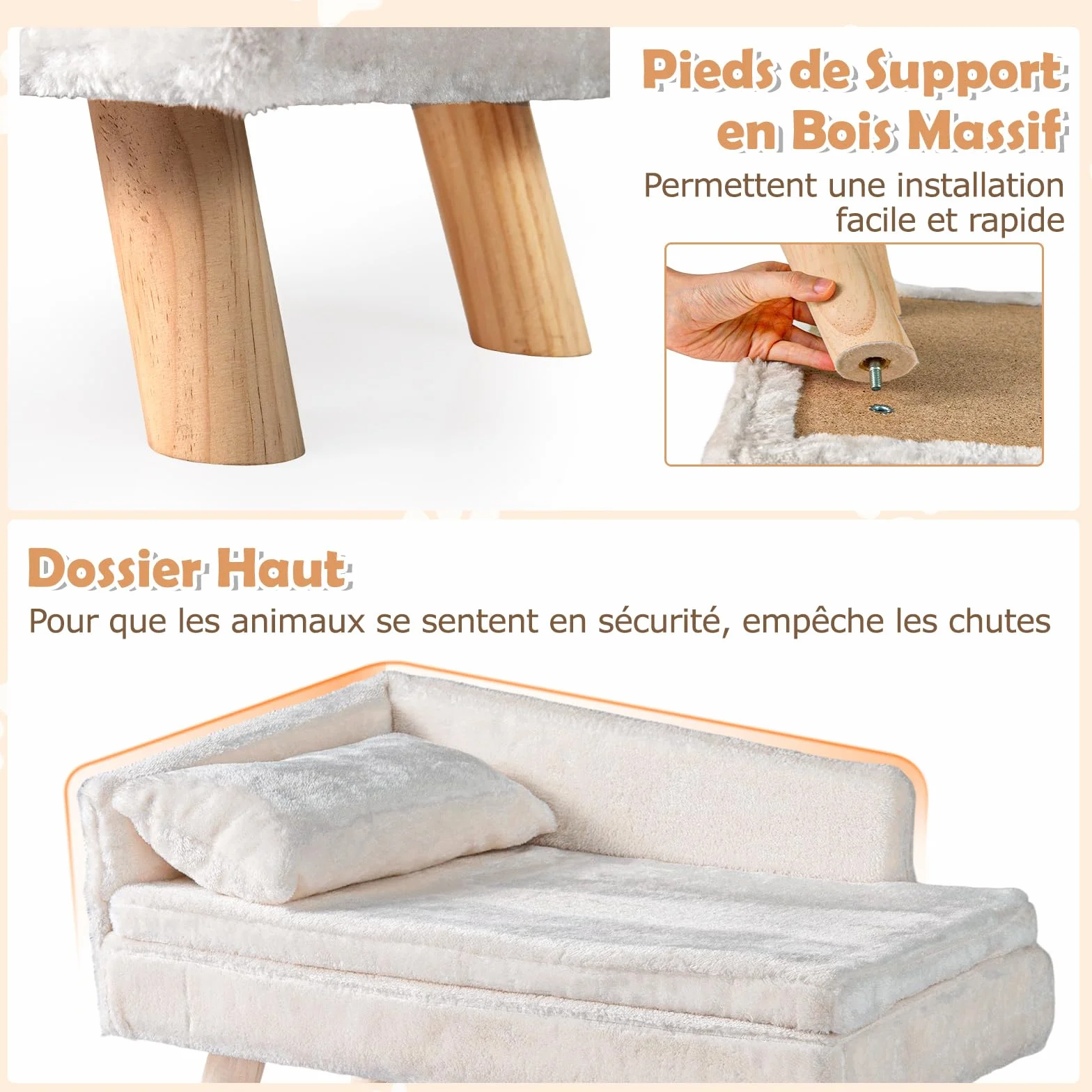 COSTWAY Canapé Lit pour Chien Chat 30/50 kg, Oreiller Coussin Amovibles, Pieds Bois, Panier Chien Chat Moyens Petits, Dossier Haut, Beige 71x43x40 cm