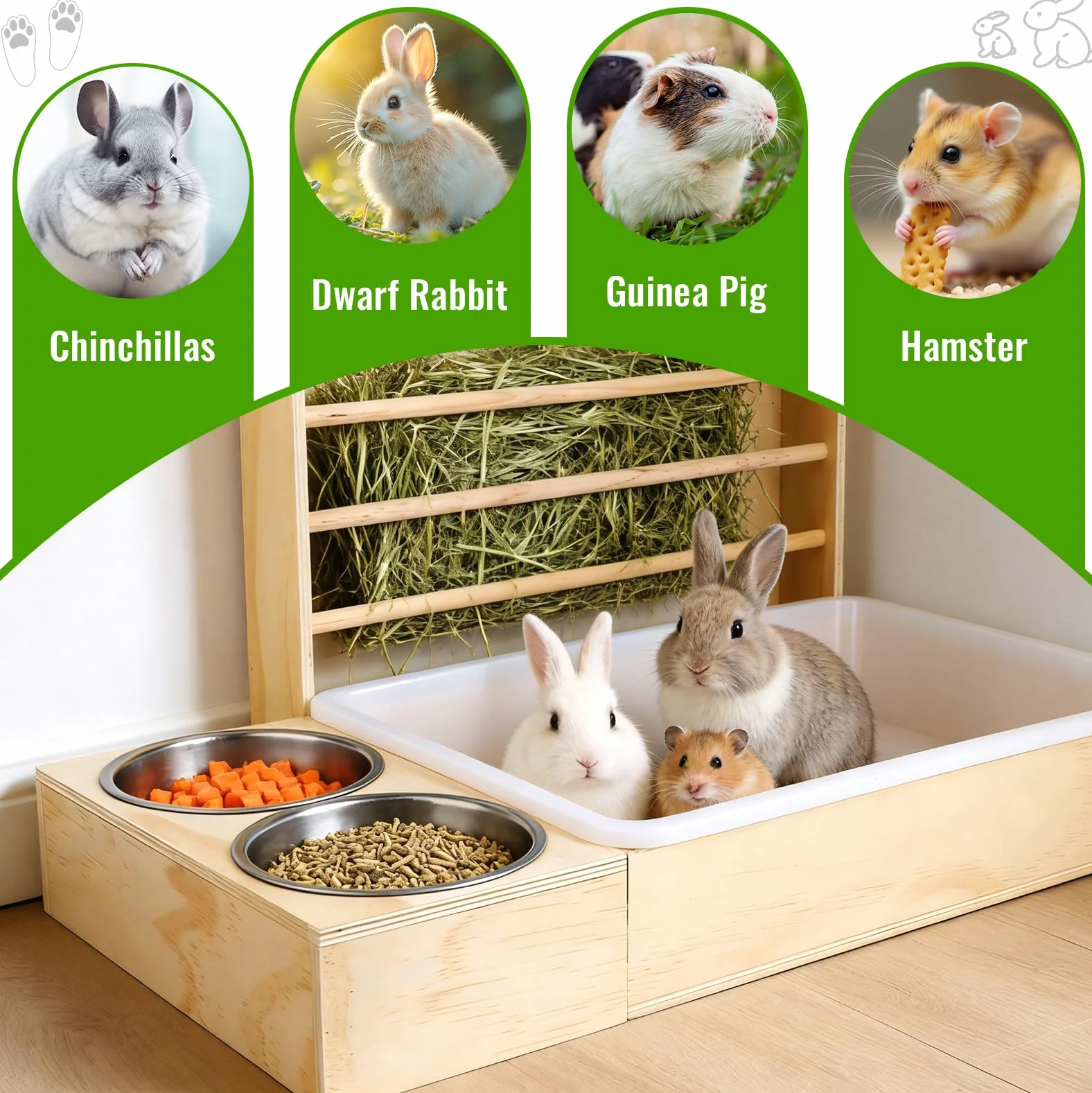 Mangeoire à foin 3 en 1 pour lapin - Station d'alimentation en bois avec bac à litière et bols - Distributeur pour cochon d'Inde, hamster, chinchilla