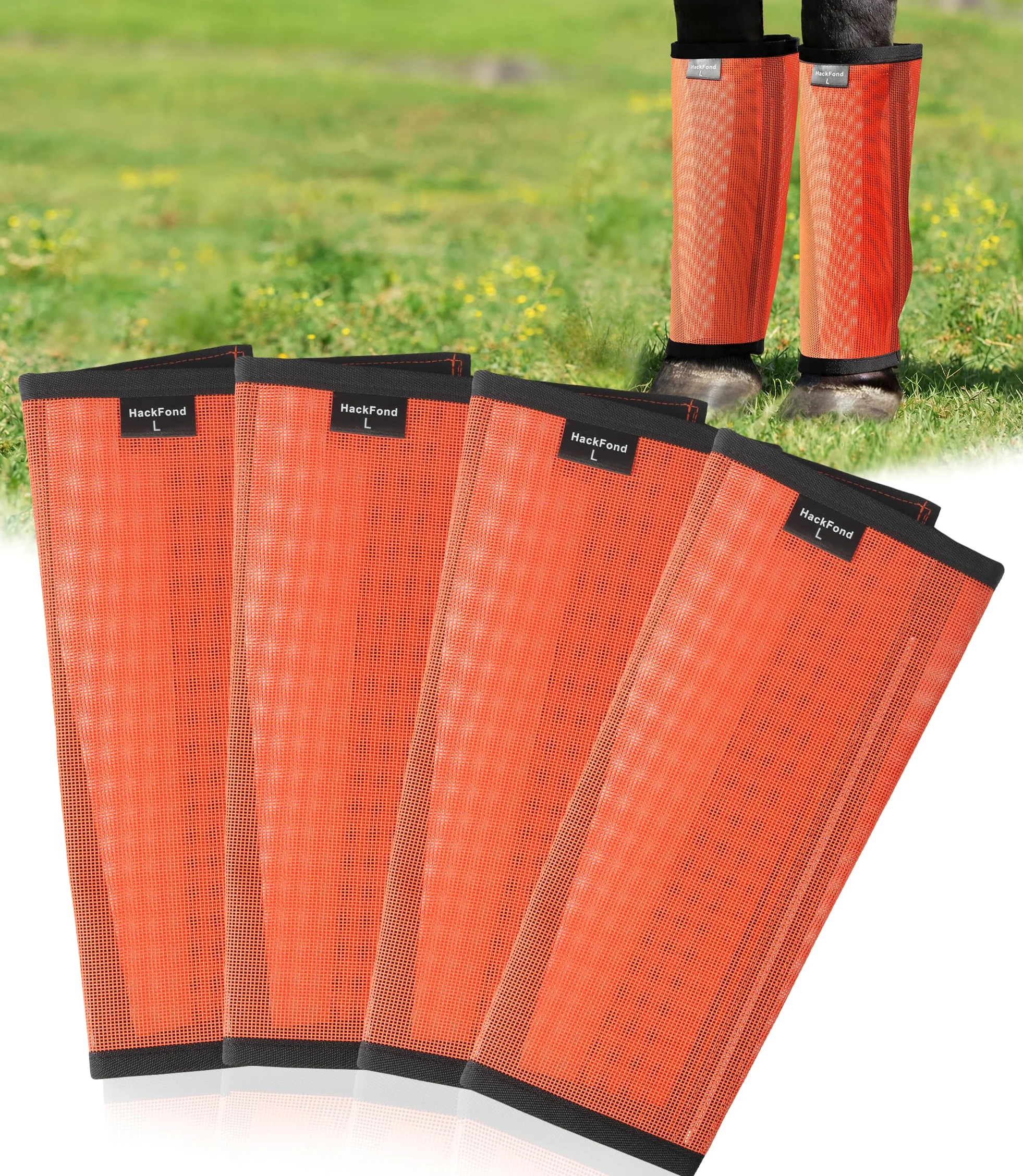 Lot de 4 guêtres de cheval en maille respirante pour protection contre les insectes et les rayures, protège-jambes confortables pour pâturage, randonnée et utilisation quotidienne, orange vif