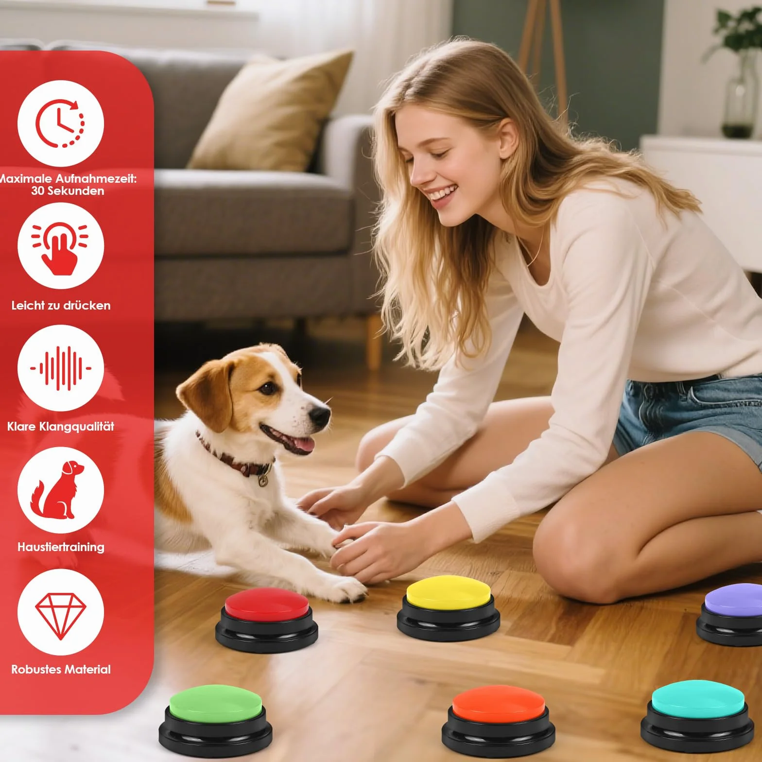 Lot de 6 buzzers avec enregistrement 30 secondes pour chien, jouet d'intelligence