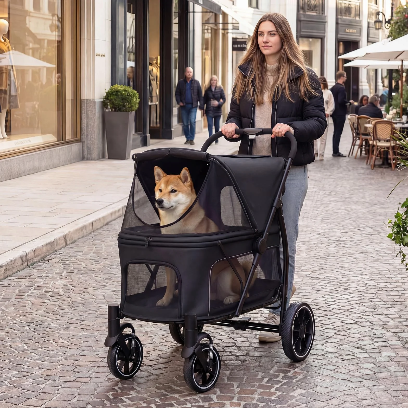 COSTWAY Chariot pour Chien Chat Pliable, Charge 40 kg, Grand Entrée Basse, Noir