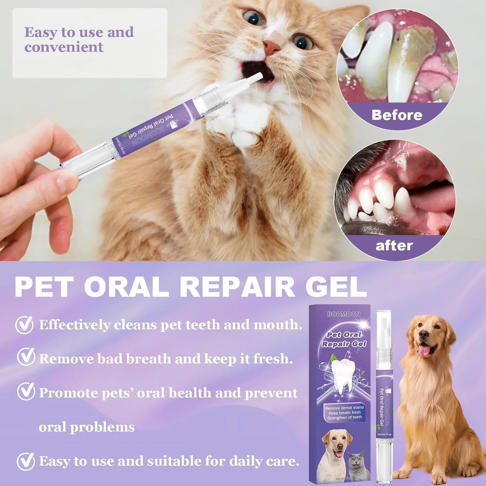 Gel réparateur oral Pet 3PCS pour éliminer la mauvaise haleine et lutter contre le tartre