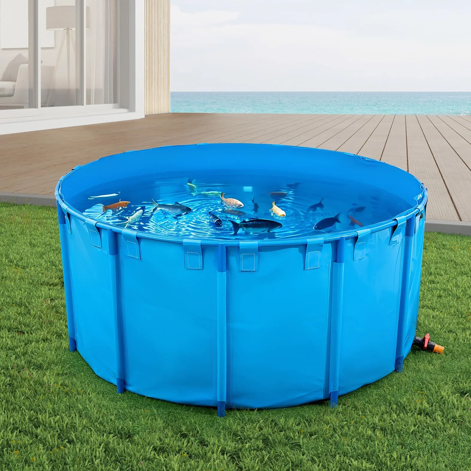 VEVOR Bassin à Poissons Hors Sol, Capacité 4550 L, Étang à Poissons en Toile PVC, avec Cadre Stable en Plastique et Vanne de Vidange, pour Aquaculture, Élevage de Poissons Rouges, Carpes, Koïs, Bleu