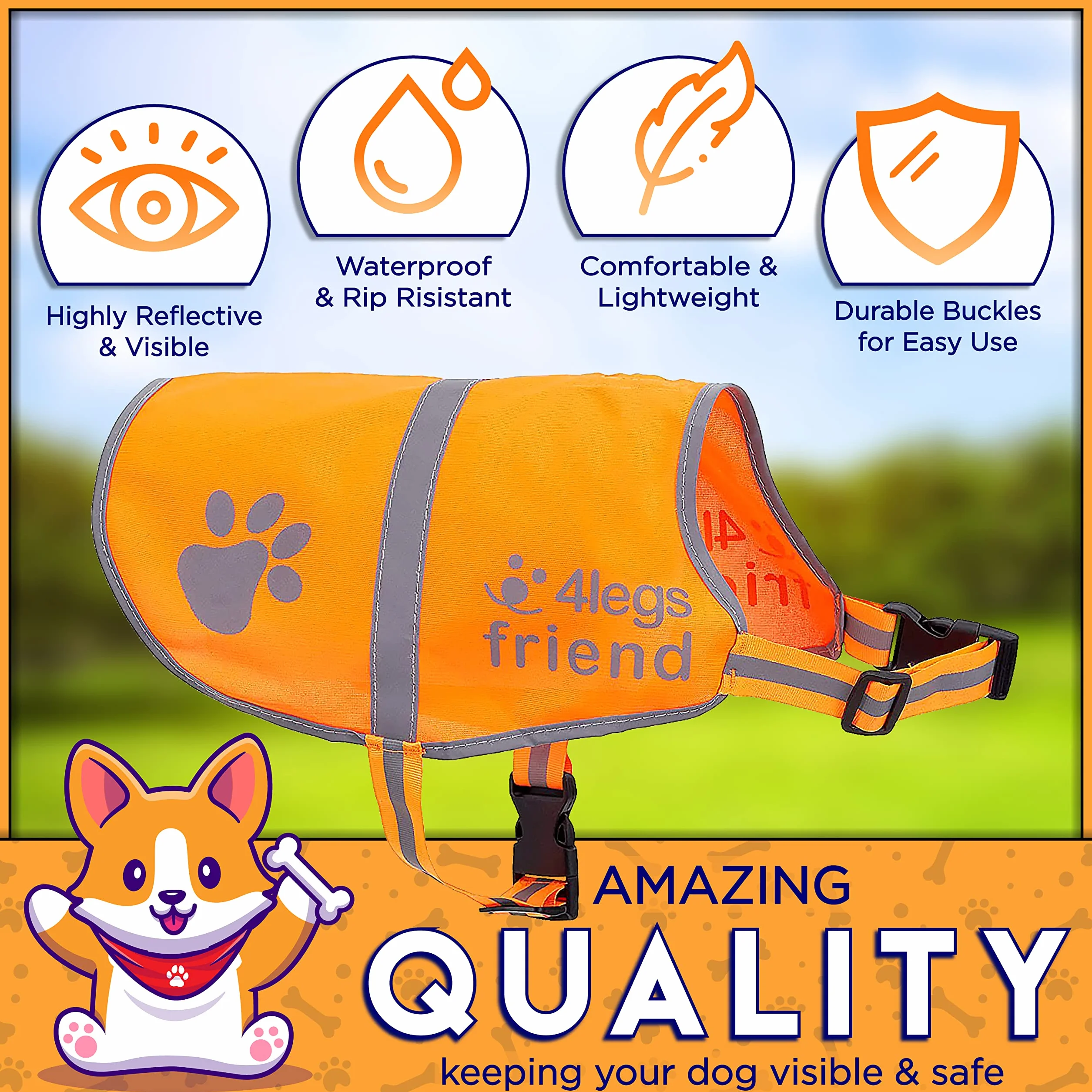 Gilet de sécurité réfléchissant pour chien haute visibilité avec trou pour laisse 5 tailles sangles réglables (X-Large, Orange)