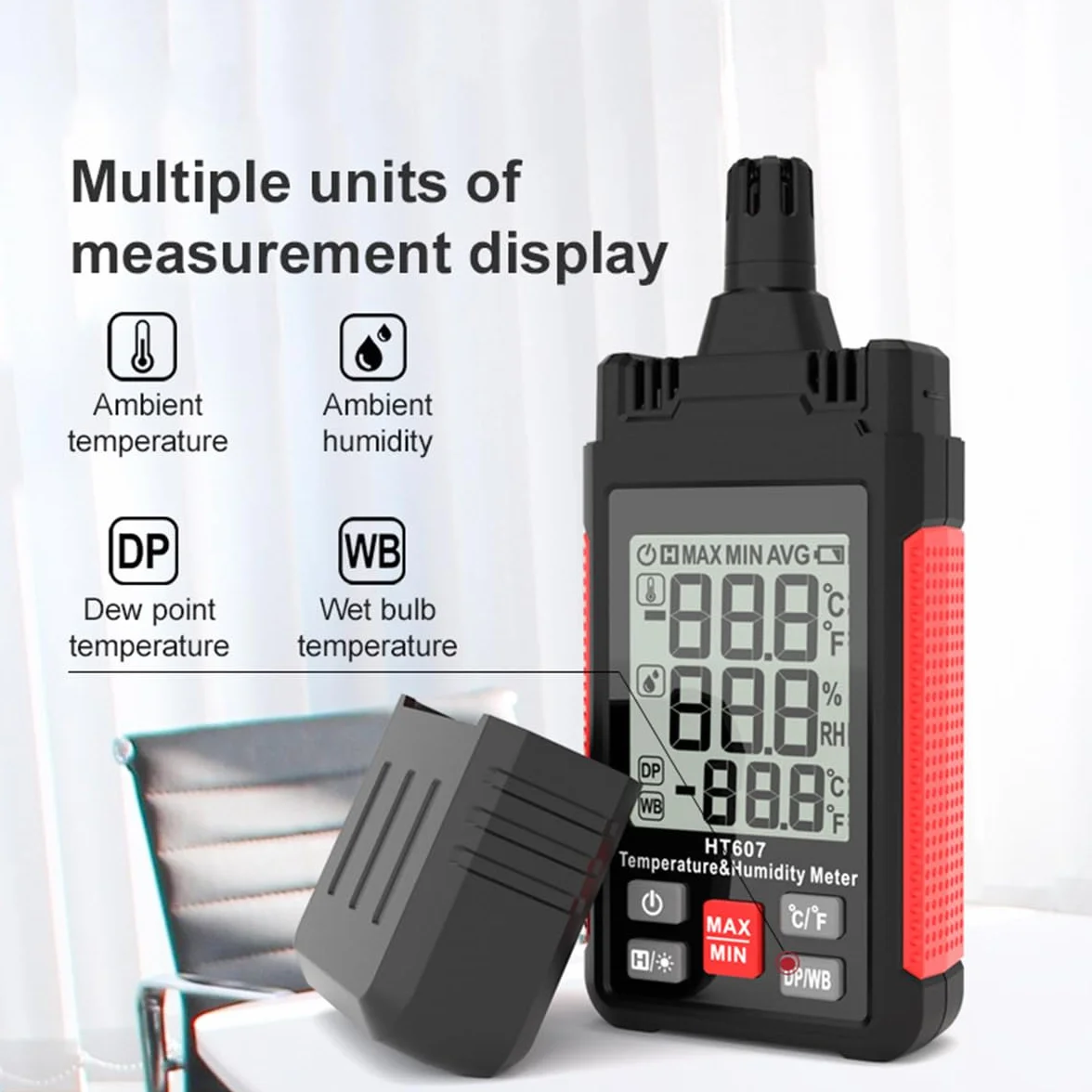 ThreeH Thermomètre hygromètre numérique à grand écran avec rétroéclairage LCD, humidité relative, point de rosée, thermomètre sphérique humide, maintien min. max