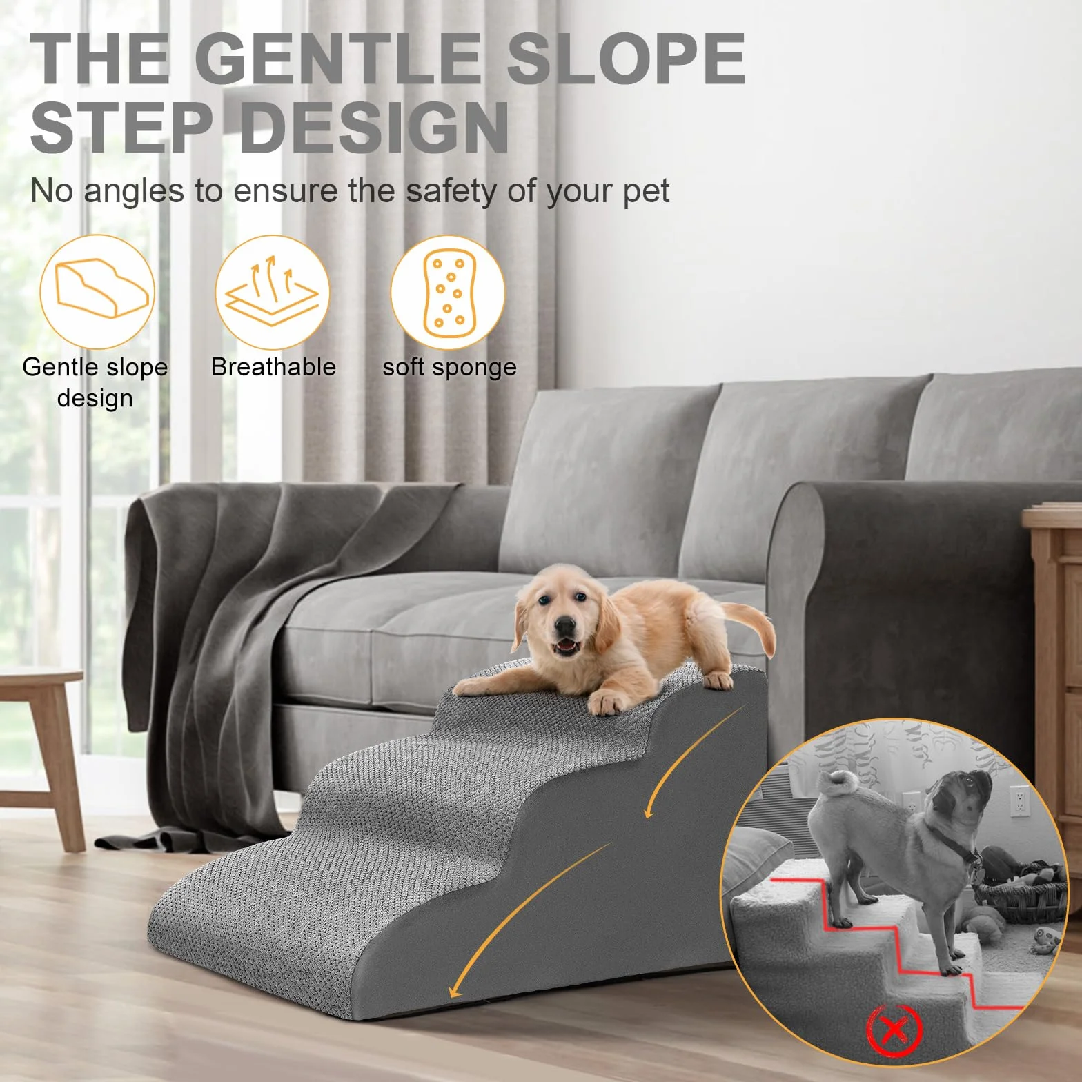 Lannvan Escalier pour Chien 3 Marches - Escaliers Animaux Éponge Canapé Lit - Rampe Chien Chat Housse Tissu Amovible Lavable - Gris