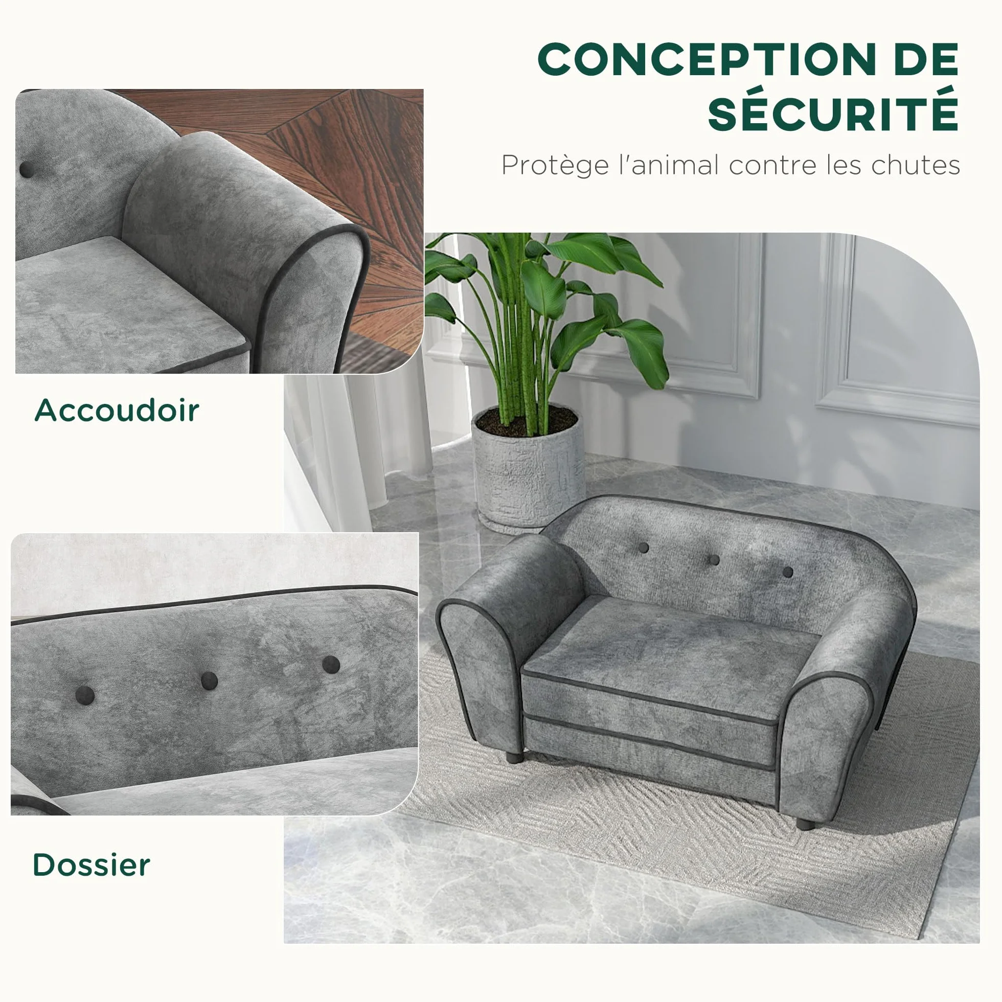 PawHut Canapé pour Chien Chat Dossier capitonné Velours Housse Lavable 74 x 41 x 32,5 cm Gris