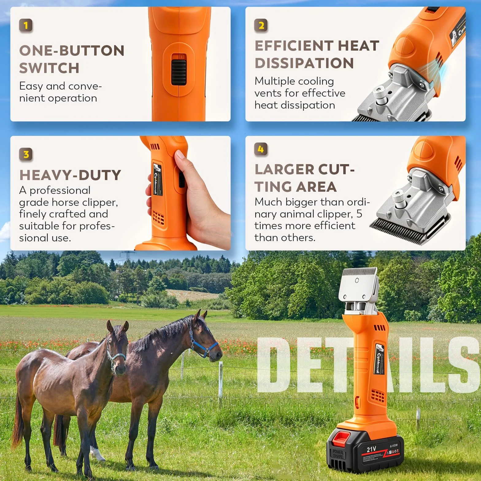 CGOLDENWALL Tondeuse pour Chevaux Sans Fil 690W 2800 tr/min 6 Vitesses 2×4000mAh 4h Autonomie