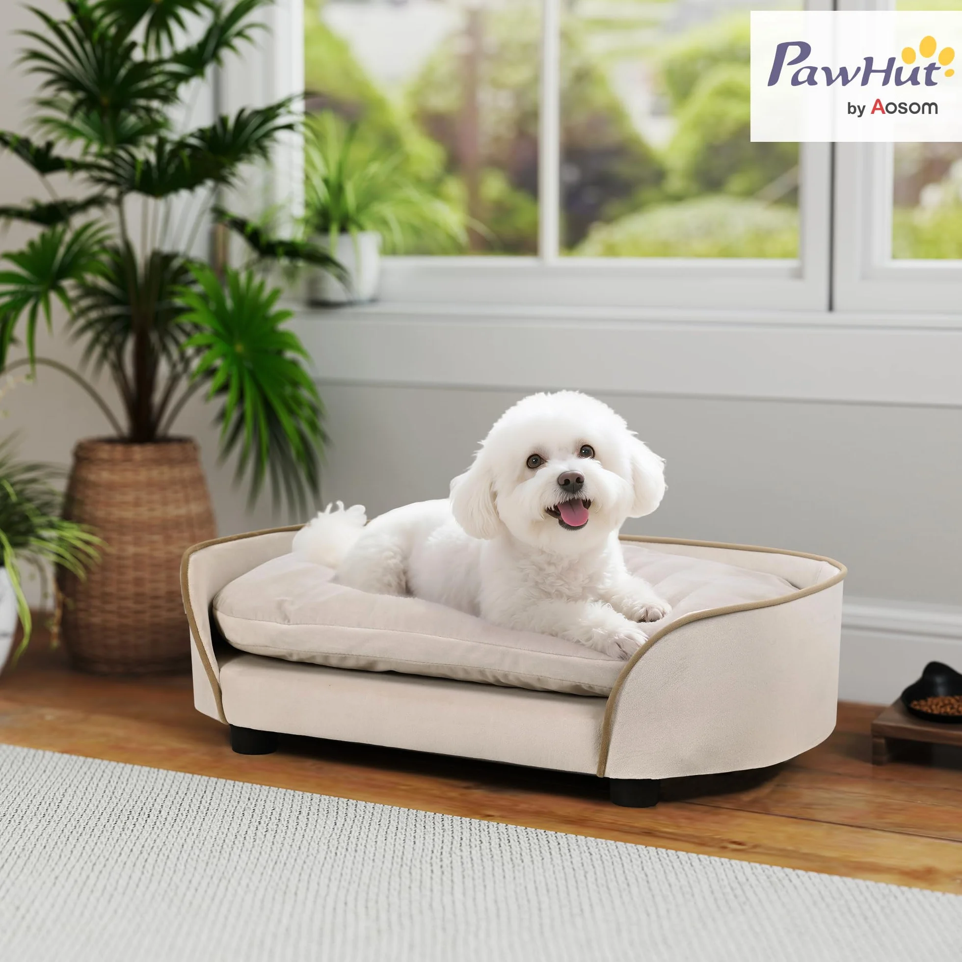 PawHut Canapé pour Chien avec Coussin Amovible et Housse Lavable, Velours, 66 x 43 x 19,5 cm, Beige