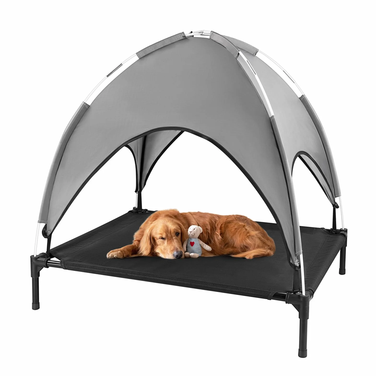 Lit Chien Surélevé avec Parasol, Lit de Camp Chien Chat sur Pieds Tissu Oxford Respirant, Anti-UV Cadre en Métal, Couchage Extérieur pour Chat, 92 x 76 x 94 cm, Gris