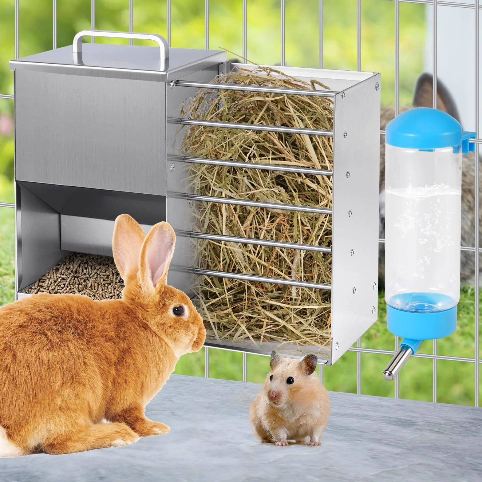 Mangeoire Automatique pour Lapin 2 en 1 avec Bouteille d'Eau 5L Distributeur Acier Inoxydable