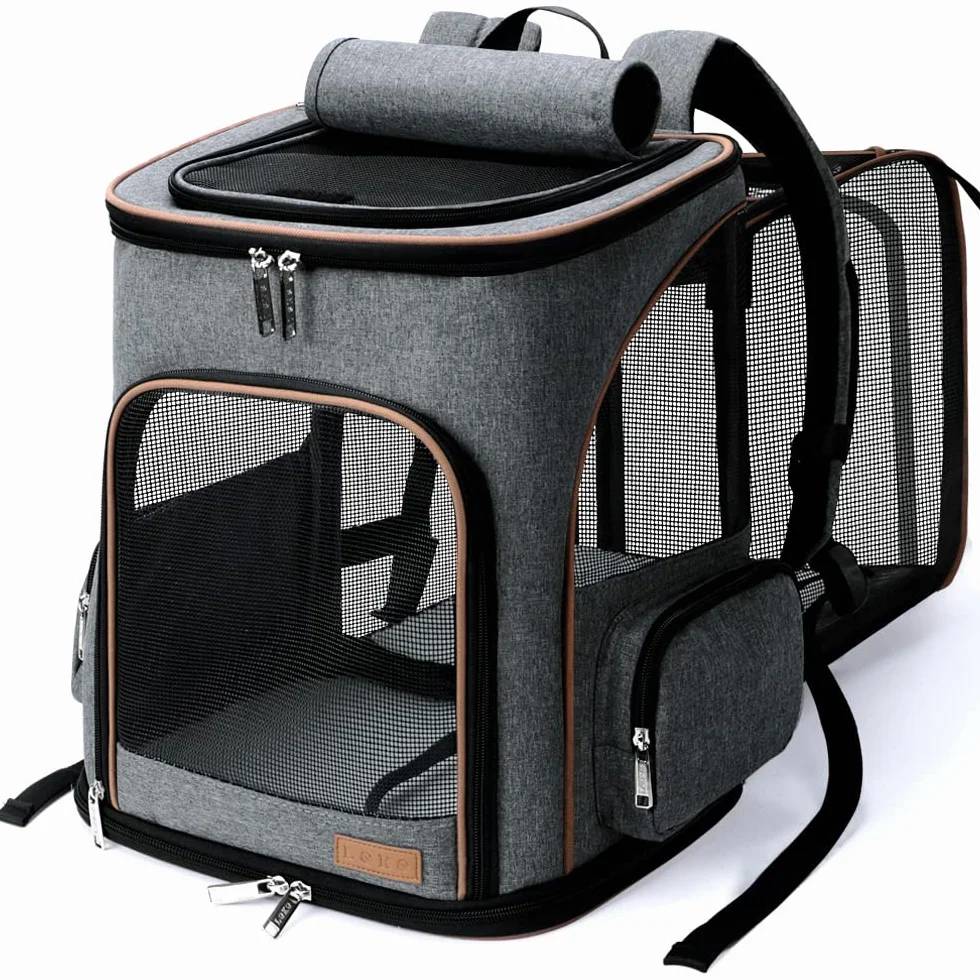 Lekesky Sac à dos, extensible, pour chat et petit chien, avec laisse de sécurité intérieure et 2 tapis pour animaux de compagnie, gris