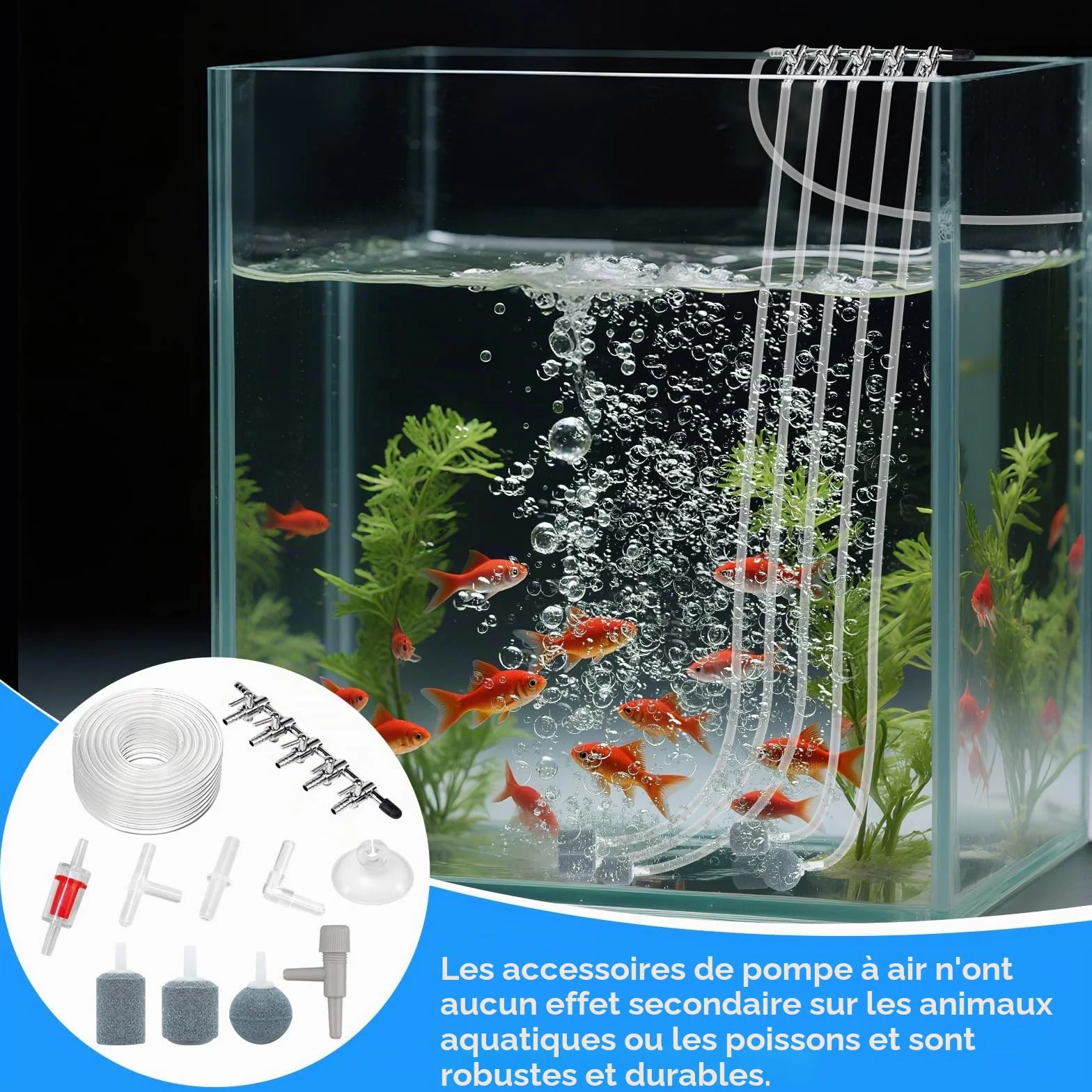 Accessoires de Pompe à Air pour Aquarium, 5 Voies Séparateur de Flux d'Air, 10M Tuyau, Pierre à Air, Valves Anti-Retour, Ventouse, Connecteurs